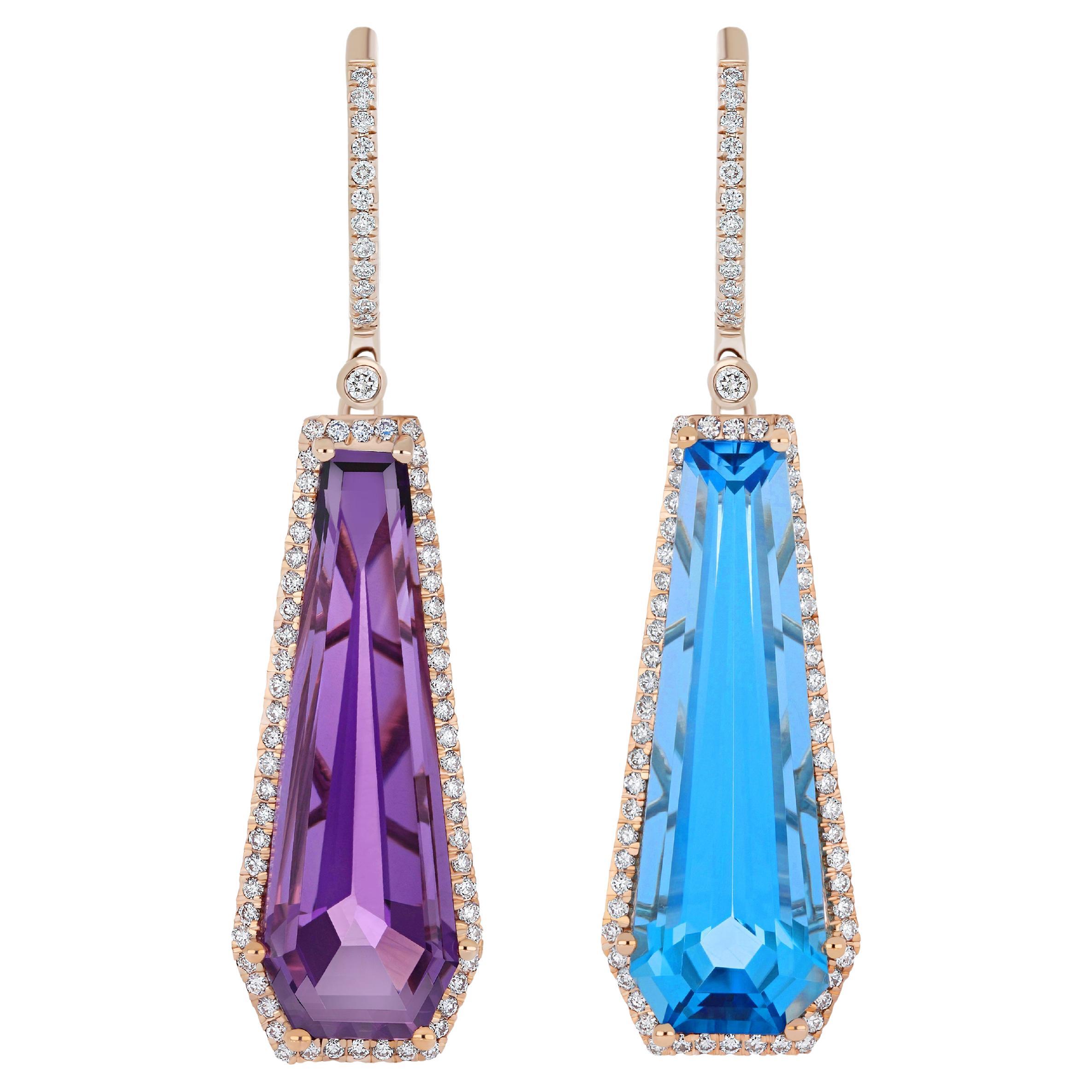 Amethyst, Blue Topaz and Diamond "Mis-Matched" Earring in 14 Karat Yellow Gold For Sale
