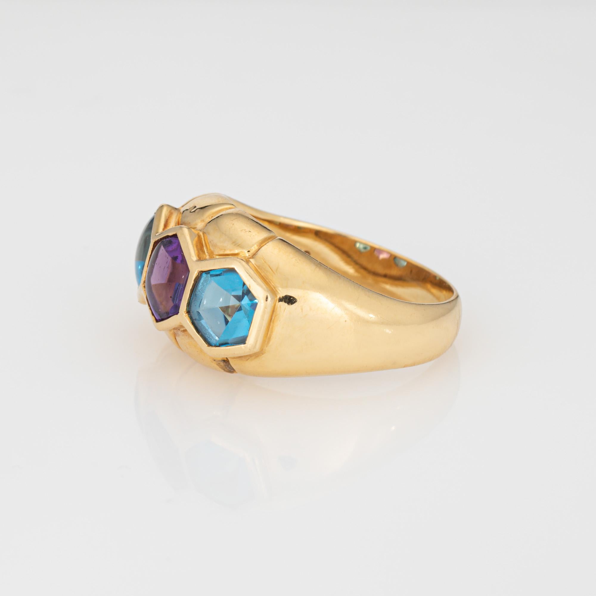 Hexagon Cut Amethyst Blue Topaz Band Vintage 18k Yellow Gold Sz 6.5 Ring Estate Jewelry For Sale