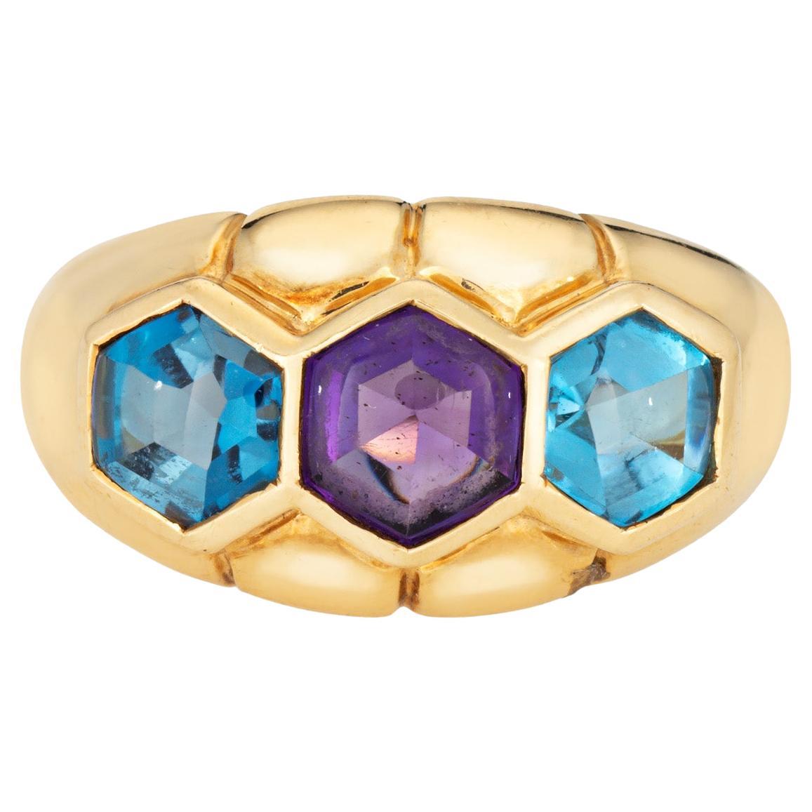 Amethyst Blue Topaz Band Vintage 18k Yellow Gold Sz 6.5 Ring Estate Jewelry