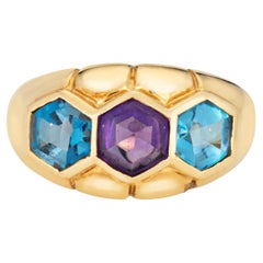 Amethyst Blue Topaz Band Vintage 18k Yellow Gold Sz 6.5 Ring Estate Jewelry