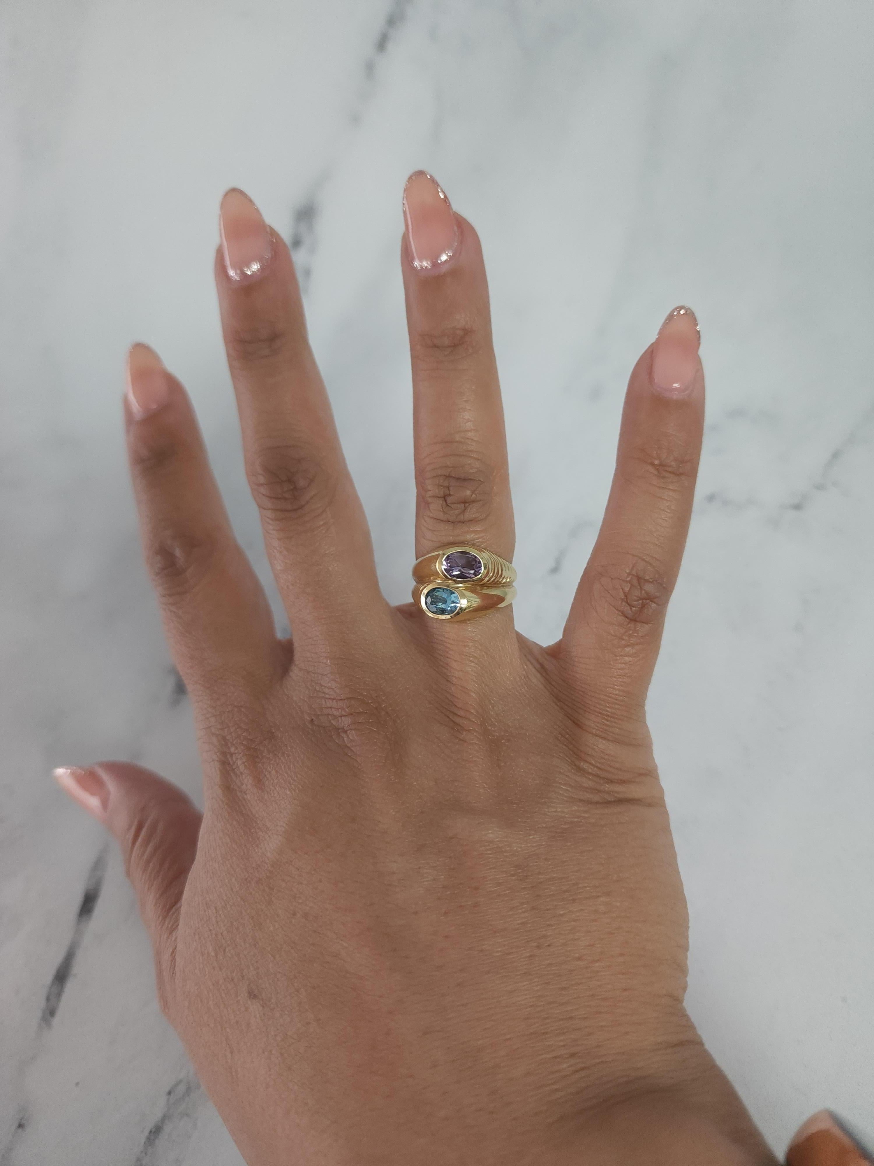 Oval Cut Amethyst & Blue Topaz Bypass Ring 14k Yellow Gold For Sale