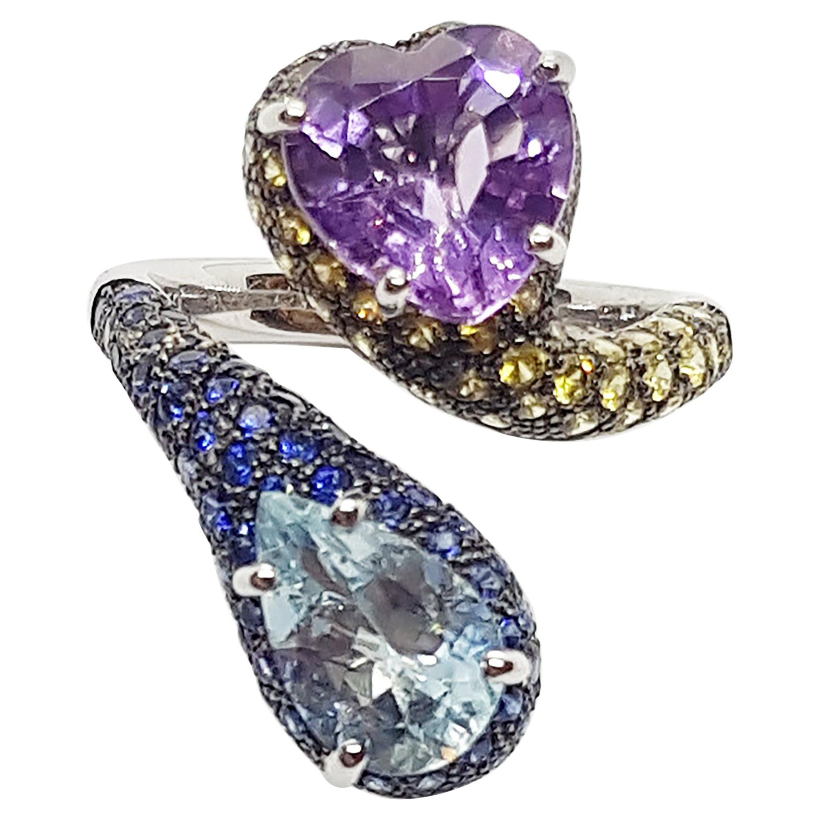 Amethyst, Blue Topaz, Yellow Sapphire, Blue Sapphire Ring in 18 Karat White Gold For Sale