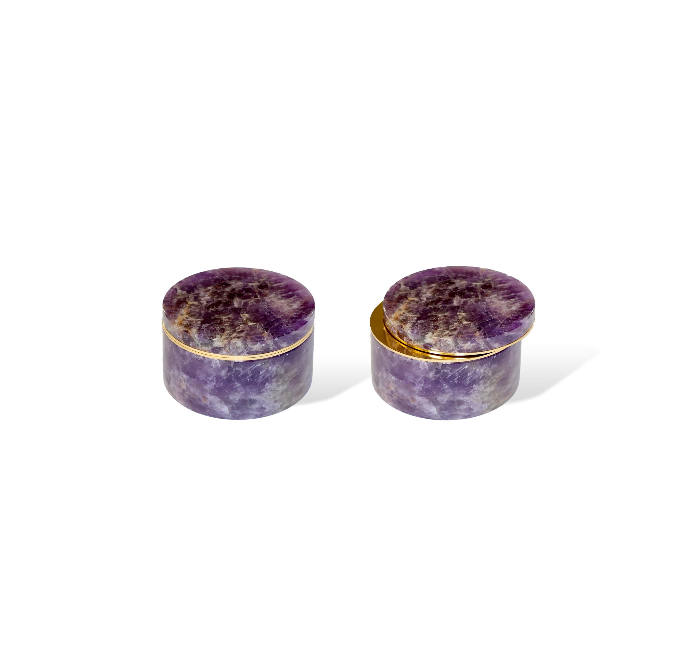 Finely carved amethyst boxes with covers, polish brass decoration. Created by Phoenix NYC. 
Custom size and finish upon request. 

   