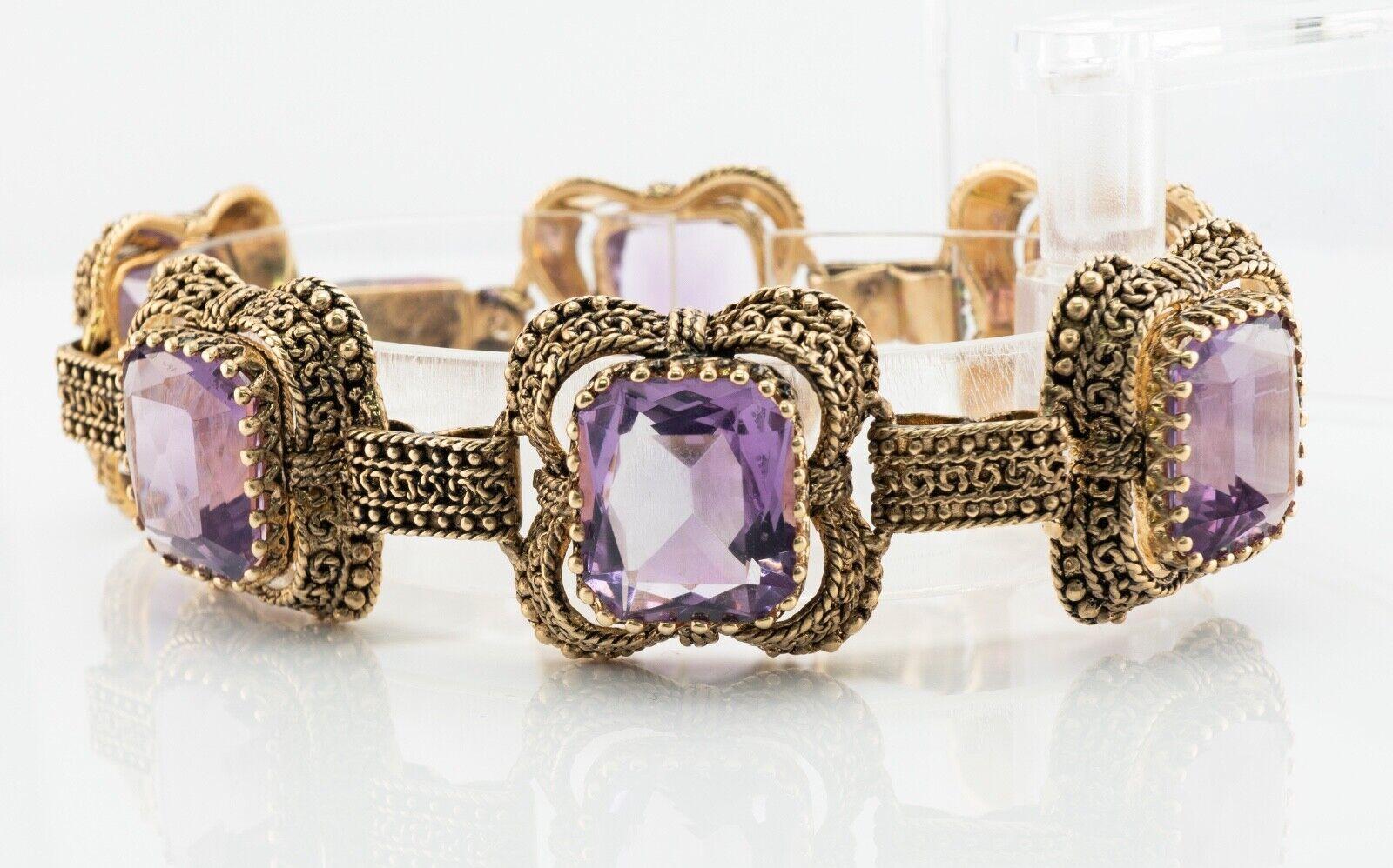This amazing vintage bracelet is finely crafted in solid 14K Yellow gold (carefully tested and guaranteed), and set with genuine Earth mined Amethysts. There are six clean and transparent Amethyst gemstones measuring 14mm x 11mm each for the total