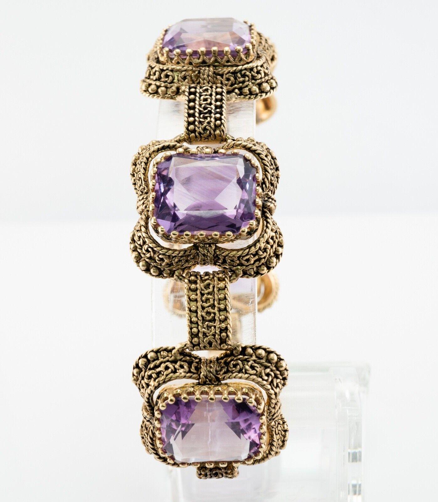 Square Cut Amethyst Bracelet 14K Gold Vintage Chunky Large For Sale