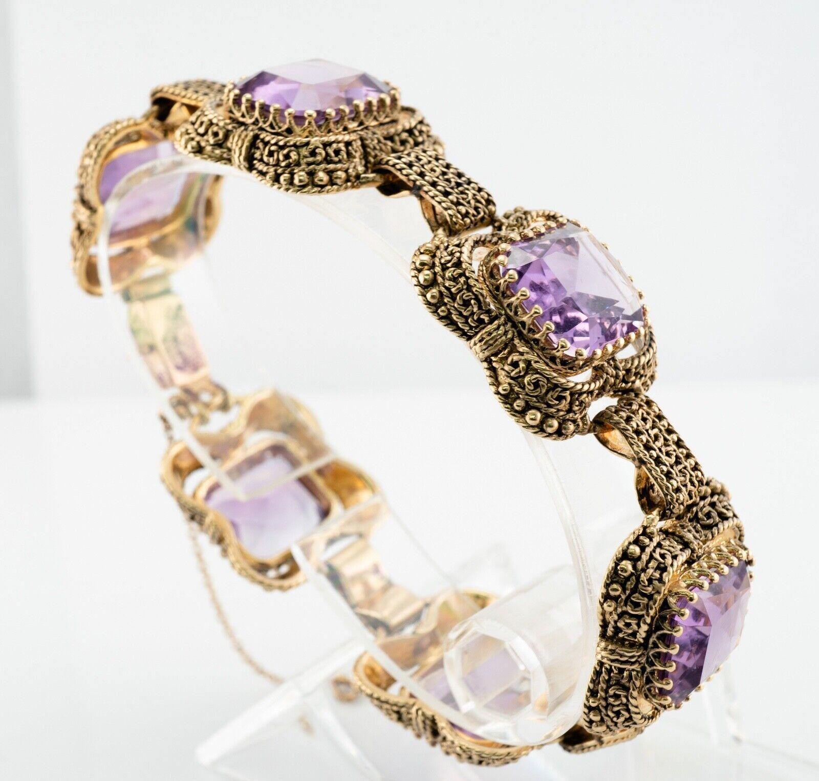 Women's Amethyst Bracelet 14K Gold Vintage Chunky Large For Sale