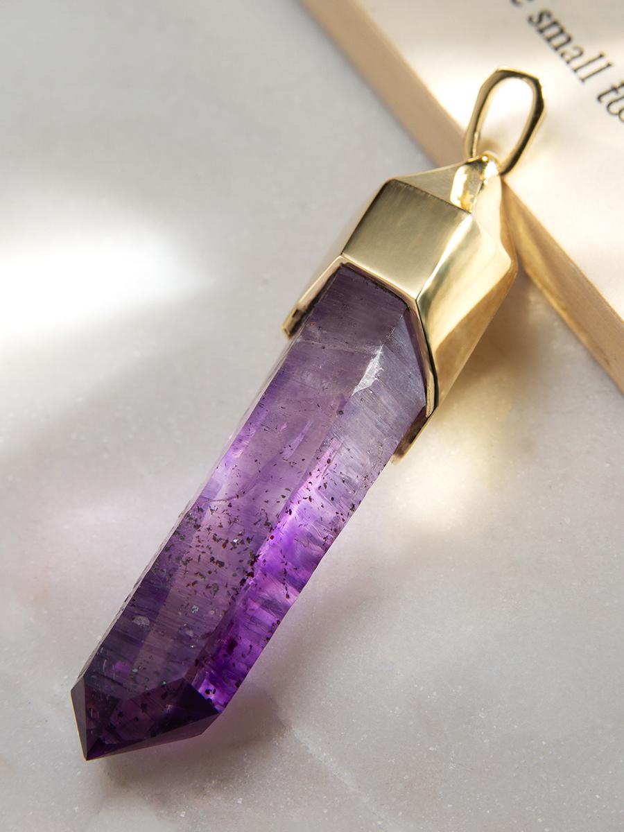 Artisan Amethyst Brandberg Crystal Pendant Yellow Gold Natural Raw Stone For Sale