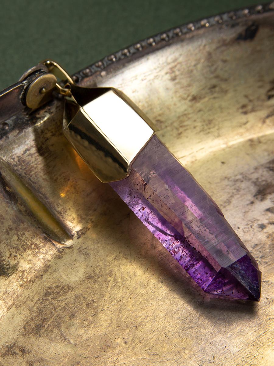 Women's or Men's Amethyst Brandberg Crystal Pendant Yellow Gold Natural Raw Stone For Sale