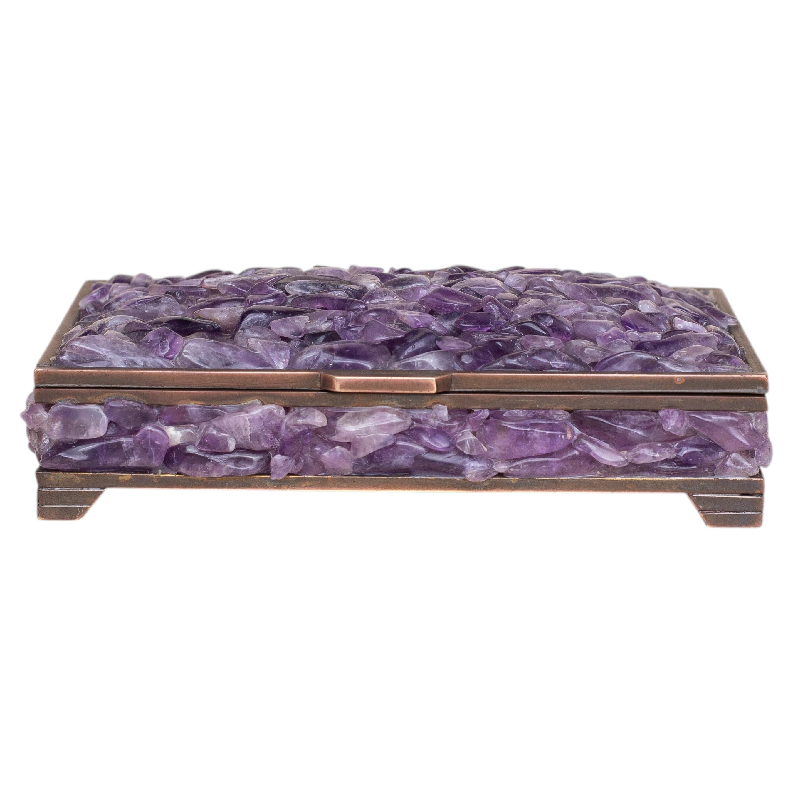 Amethyst & Brass Jewelry Box, Hollywood Regency Precious Stone Box - 1940s