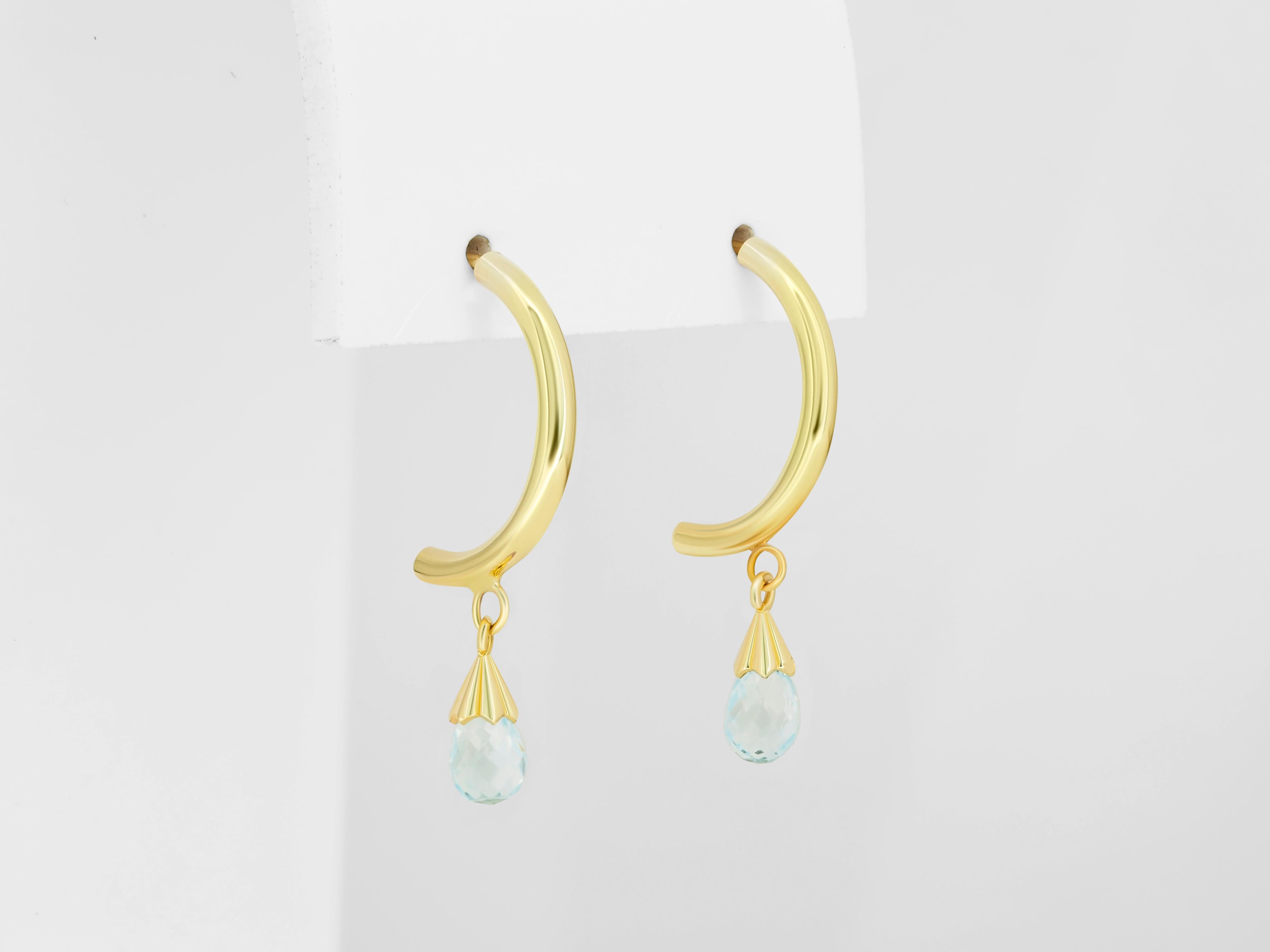 Topaz Briolette Drop Hoop Post Earrings in Yellow 14k Gold In New Condition For Sale In Istanbul, TR