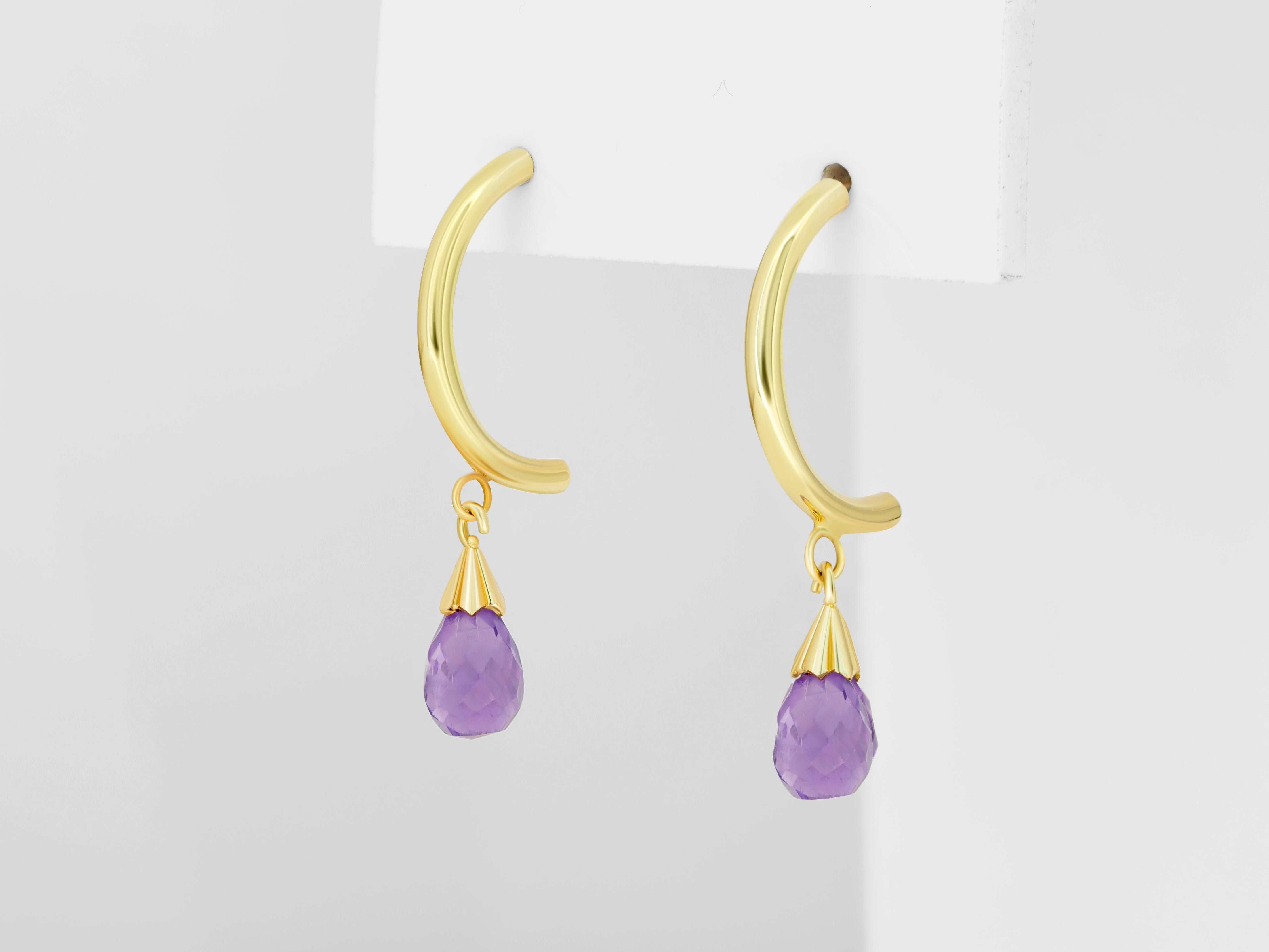 Amethyst Briolette Drop Hoop Post Earrings in Yellow 14k Gold In New Condition For Sale In Istanbul, TR
