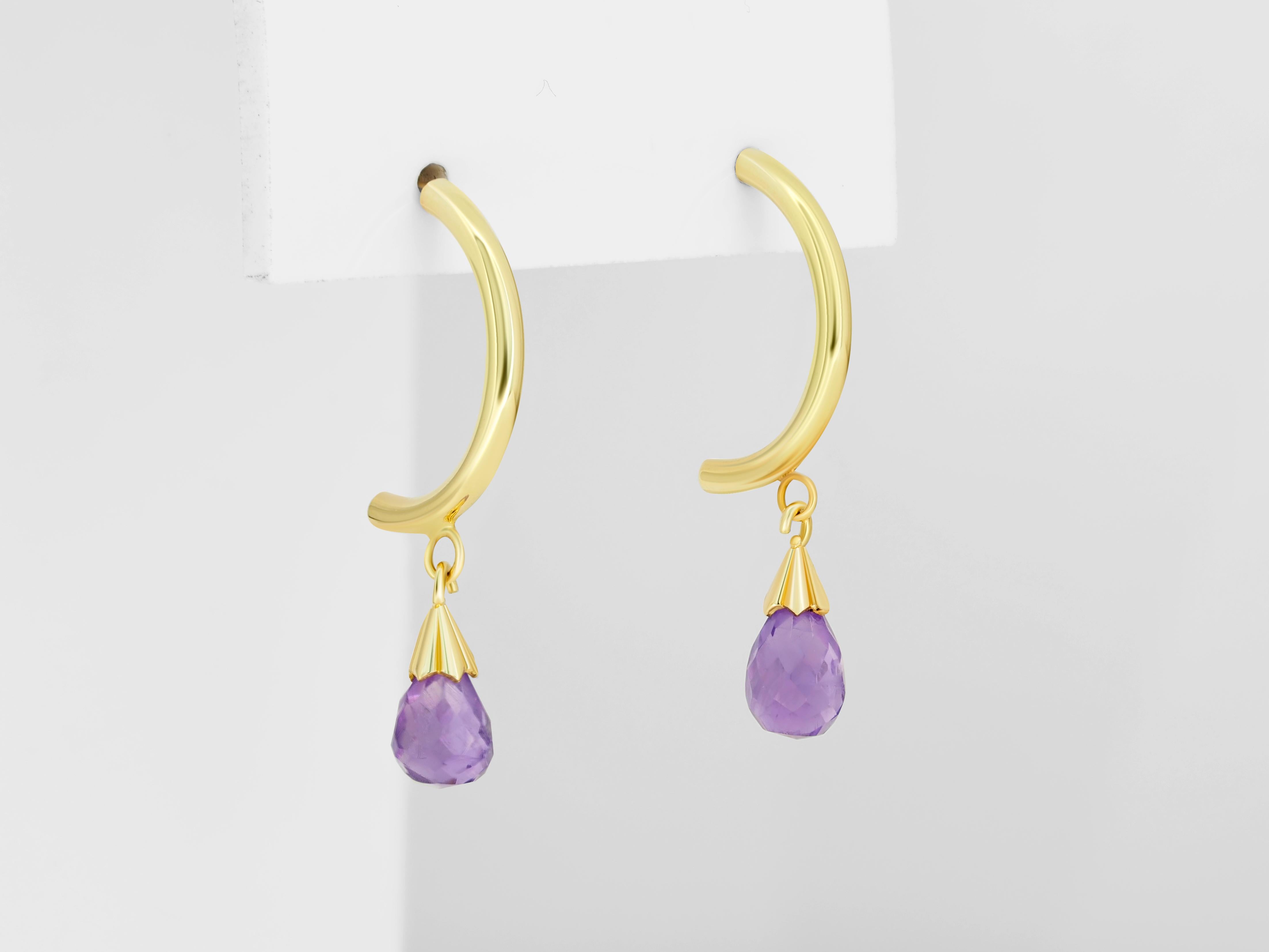 Amethyst Briolette Drop Hoop Post Earrings in Yellow 14k Gold In New Condition For Sale In Istanbul, TR