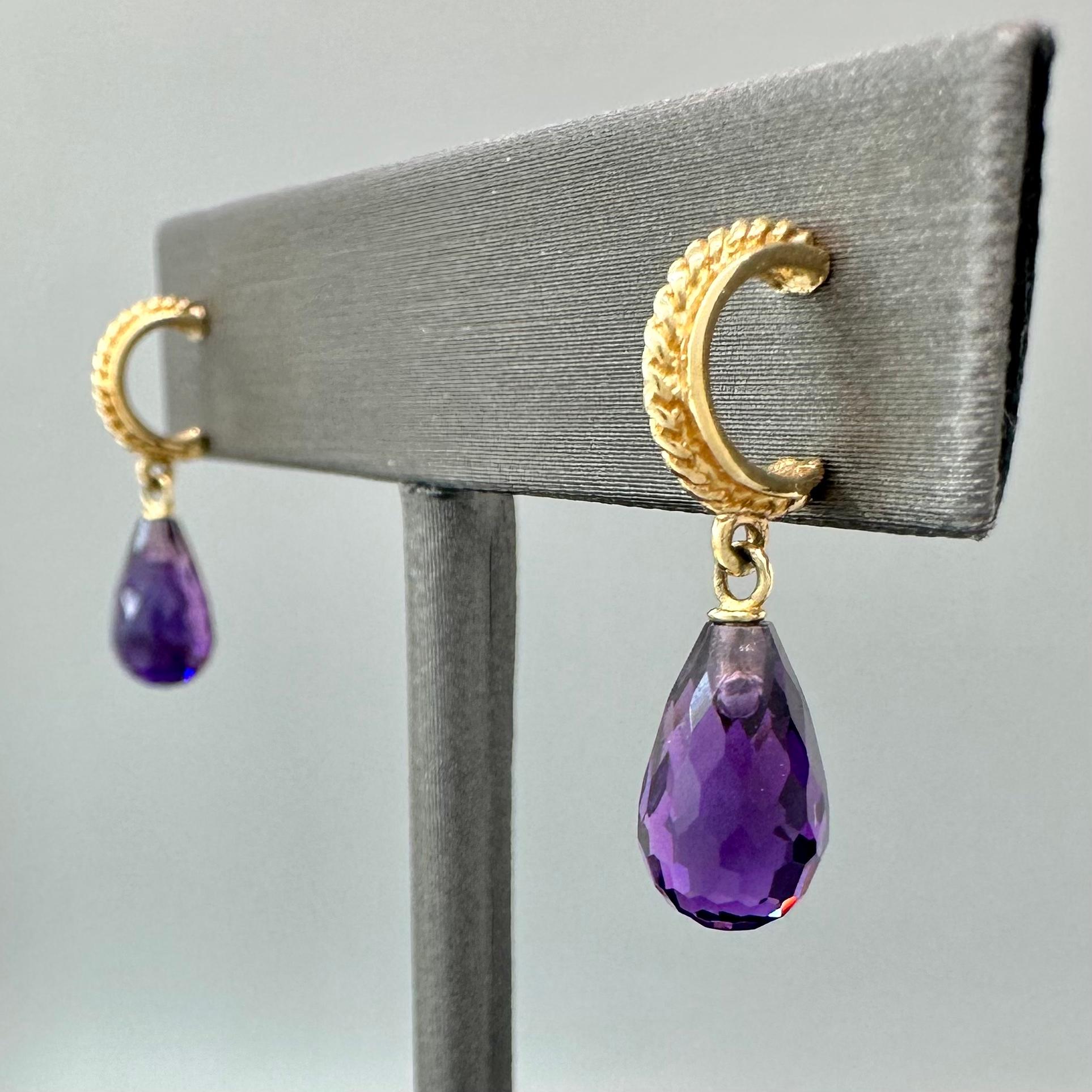 Amethyst briolette & Up-Cycled 14k gold hoop earrings by Glitter & Gold Studio. In New Condition For Sale In Seattle, WA