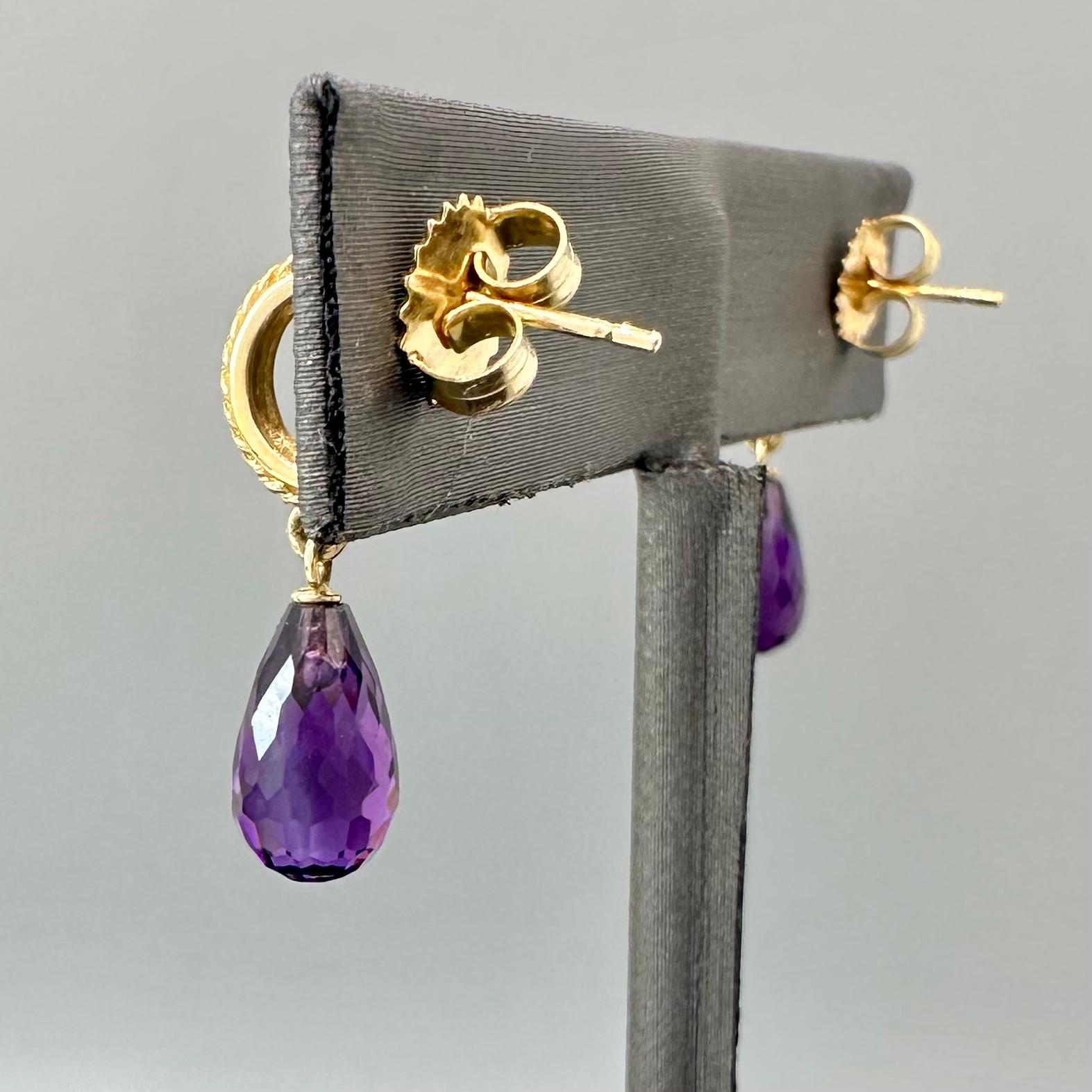 Women's or Men's Amethyst briolette & Up-Cycled 14k gold hoop earrings by Glitter & Gold Studio. For Sale
