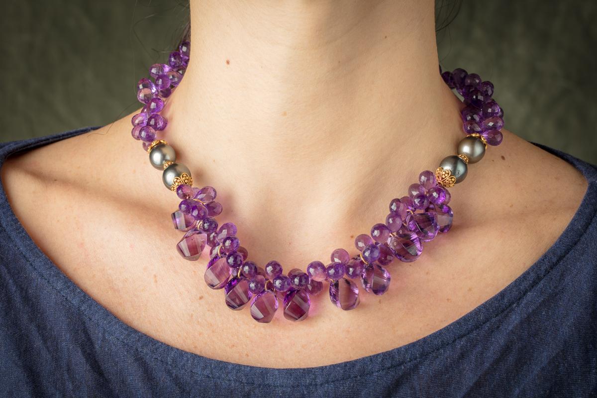 Amethyst, Tahitian Pearls & 22K Gold Bead Necklace by Deborah Lockhart Phillips In Excellent Condition For Sale In Nantucket, MA