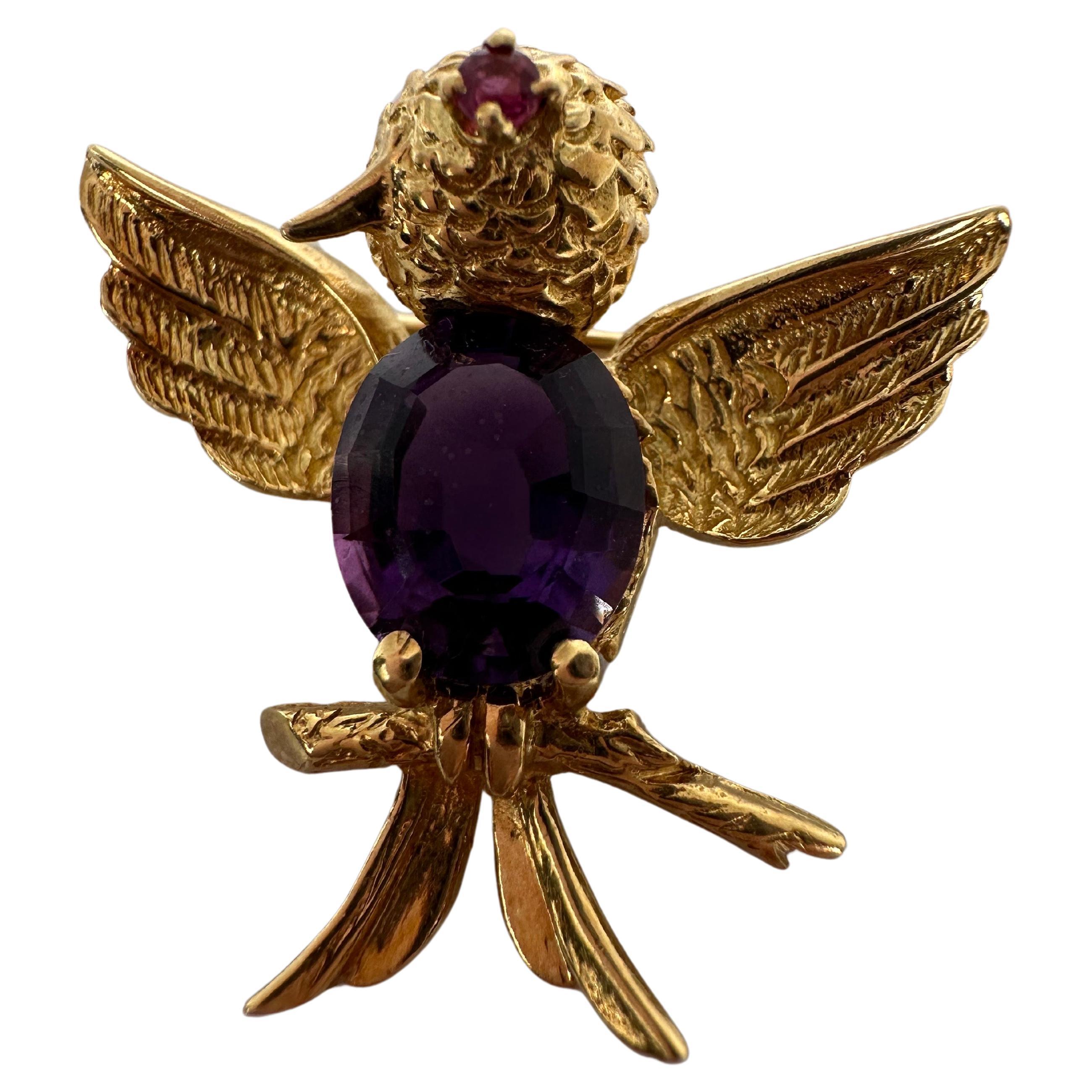 Amethyst Brooch 18KT yellow gold pin For Sale