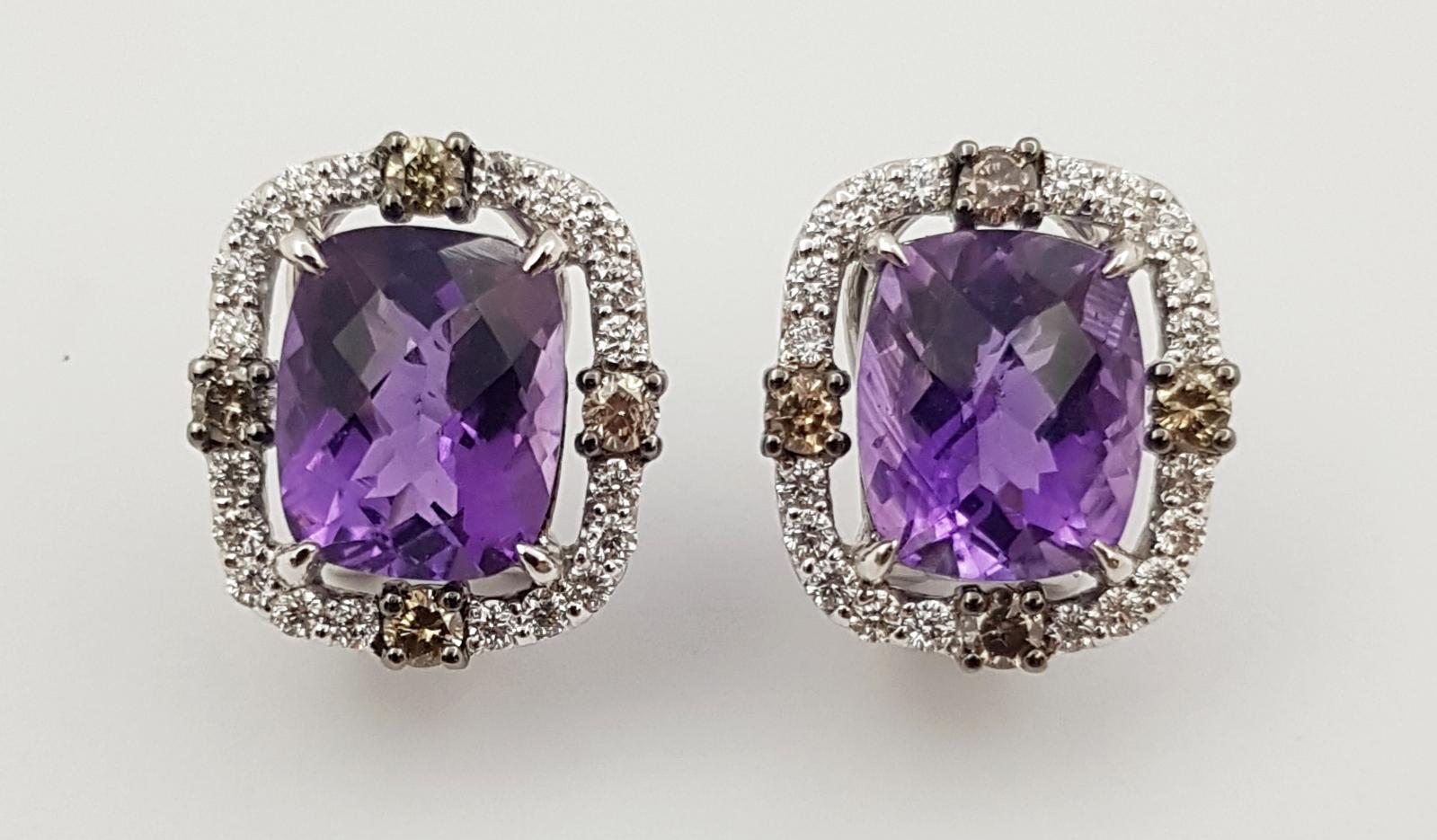 Contemporary Amethyst, Brown Diamond and Diamond Earrings Set in 18 Karat White Gold Settings For Sale