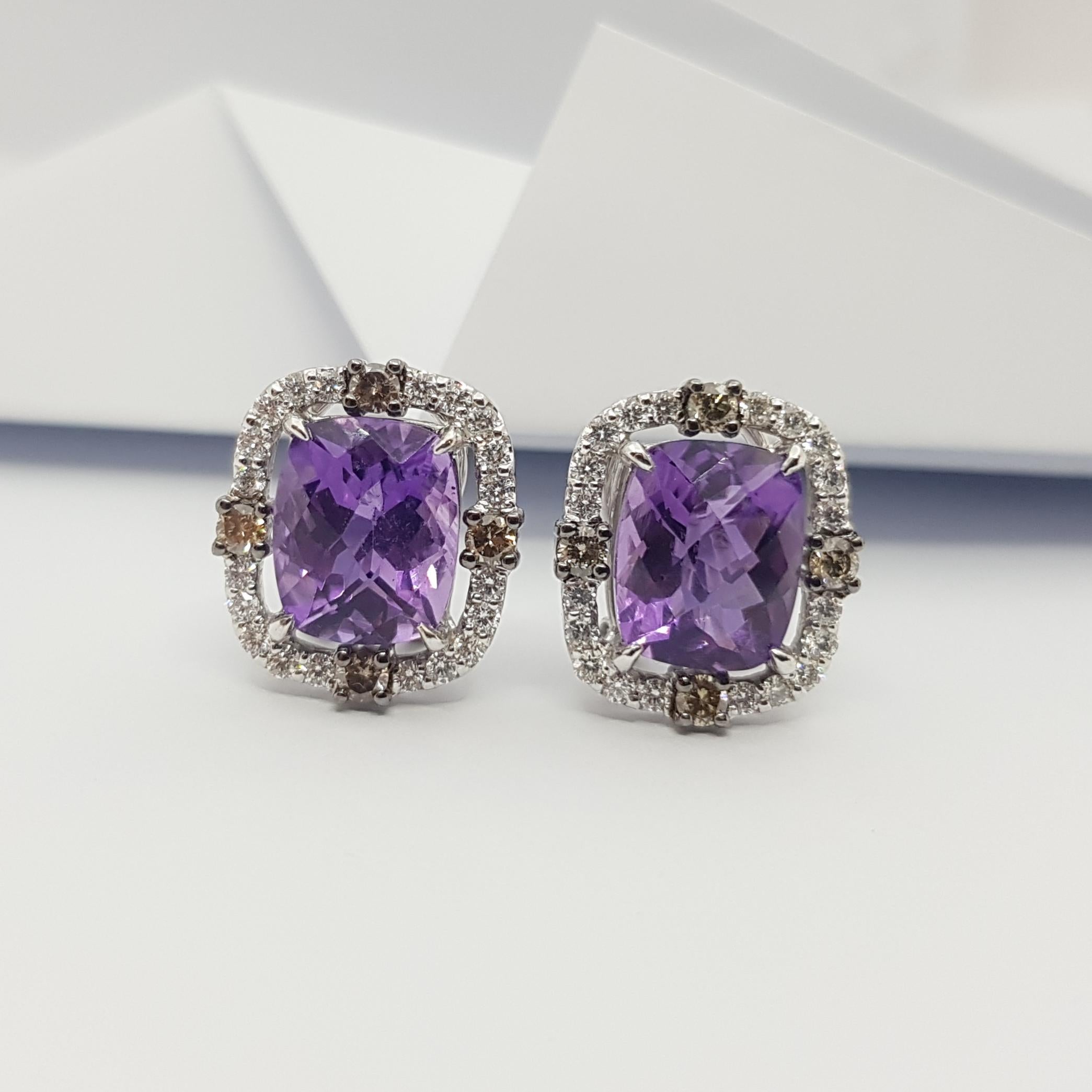 Amethyst, Brown Diamond and Diamond Earrings Set in 18 Karat White Gold Settings In New Condition For Sale In Bangkok, TH