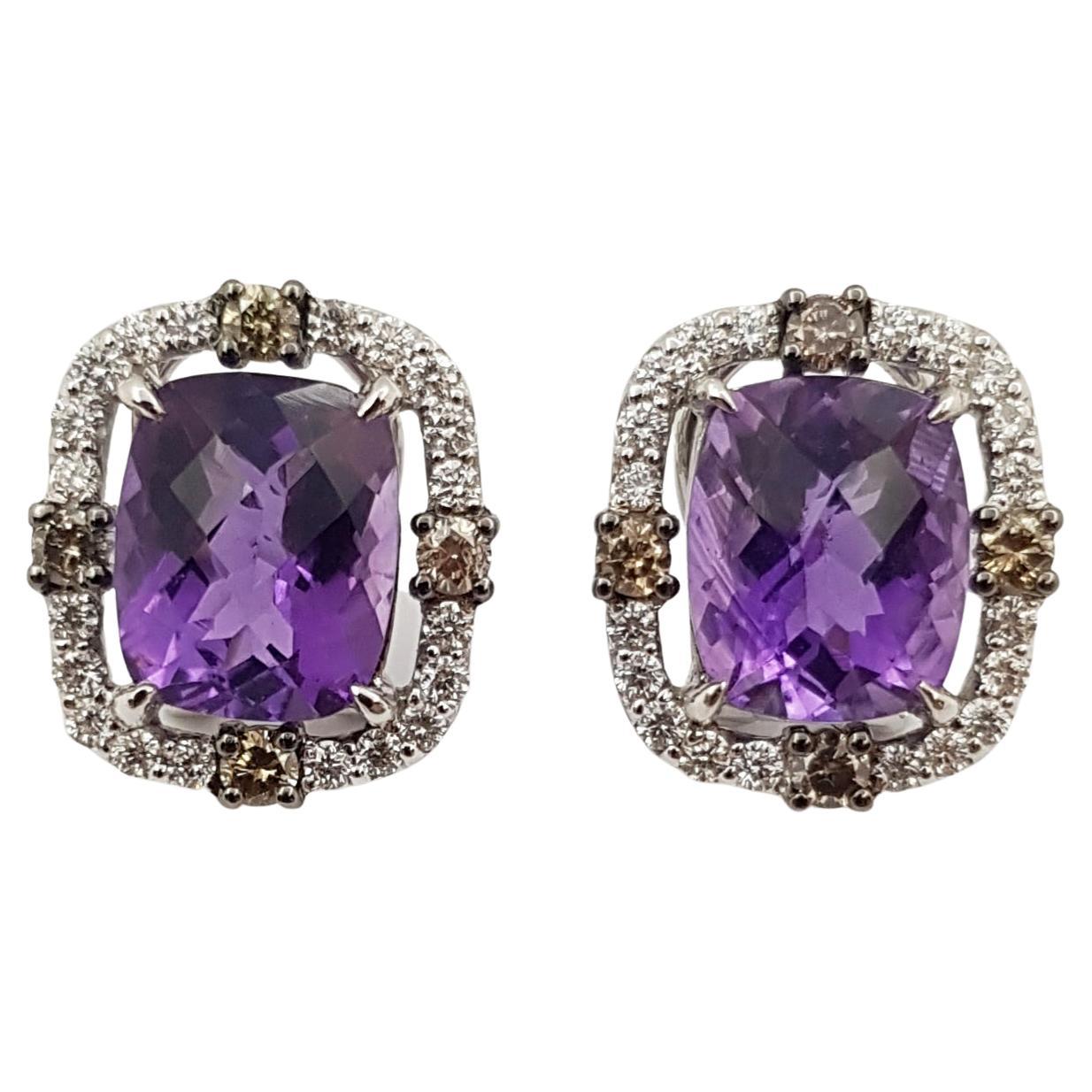 Amethyst, Brown Diamond and Diamond Earrings Set in 18 Karat White Gold Settings