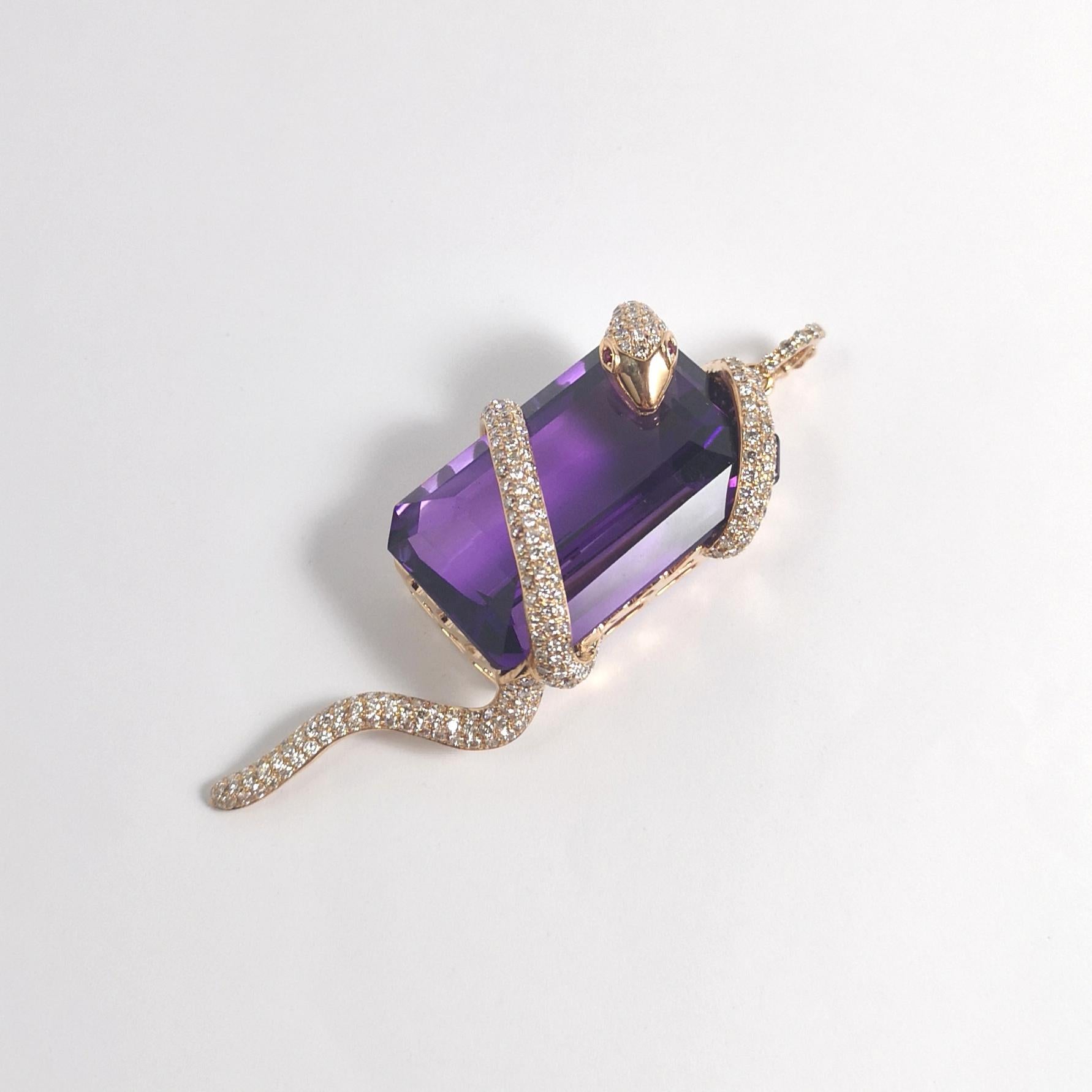 da uomo o donna Ciondolo a forma di serpente con ametista, diamante marrone e rubino in oro rosa 18K in vendita