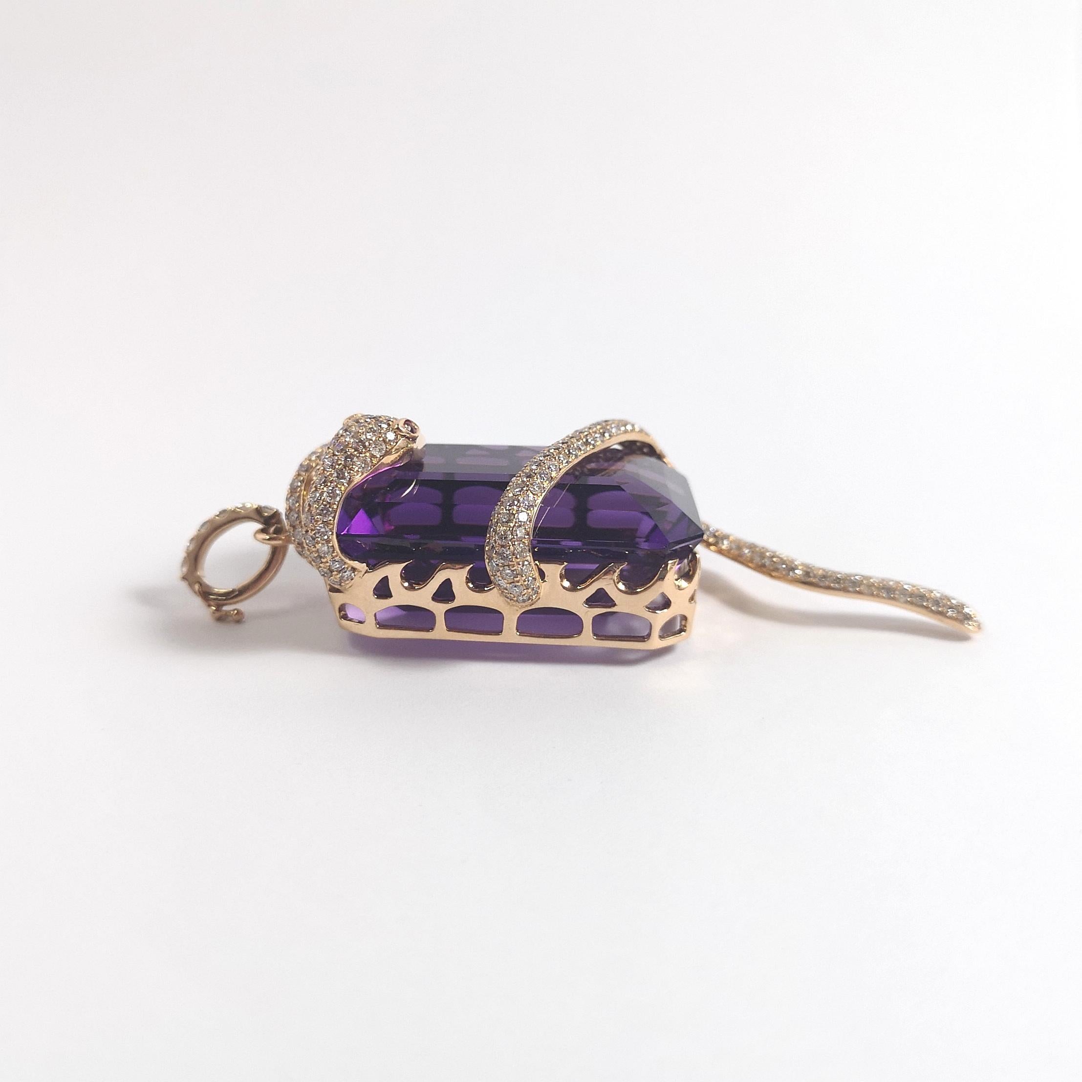 Ciondolo a forma di serpente con ametista, diamante marrone e rubino in oro rosa 18K in vendita 3