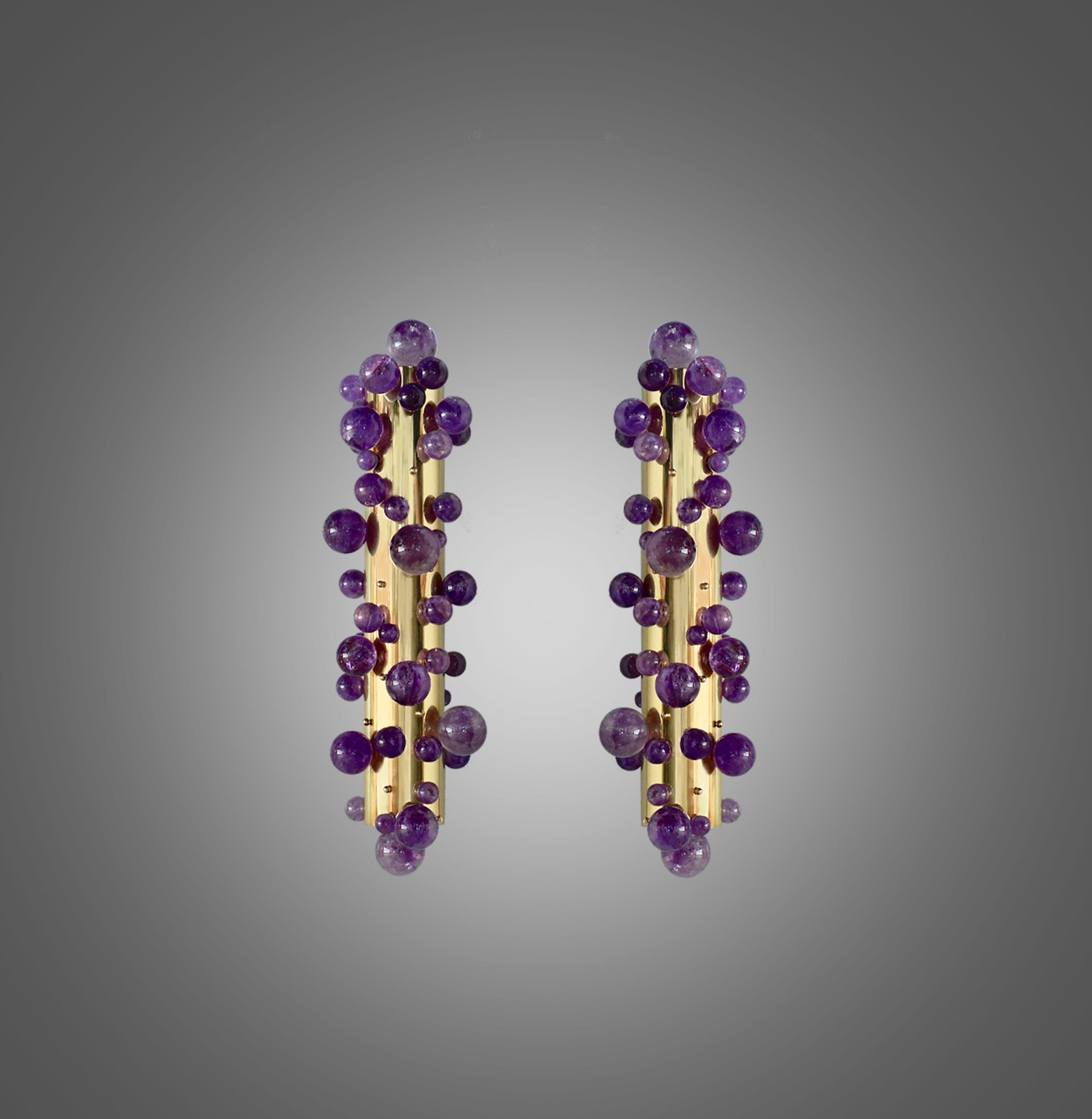 Pair of amethyst bubble sconces with the polished brass finish. Created by Phoenix gallery NYC.
Each sconce installed two sockets. Use two 80w LED warm light bulbs. Total 160w max. Light bulbs included. 
Custom size upon request.
Recommend J-box