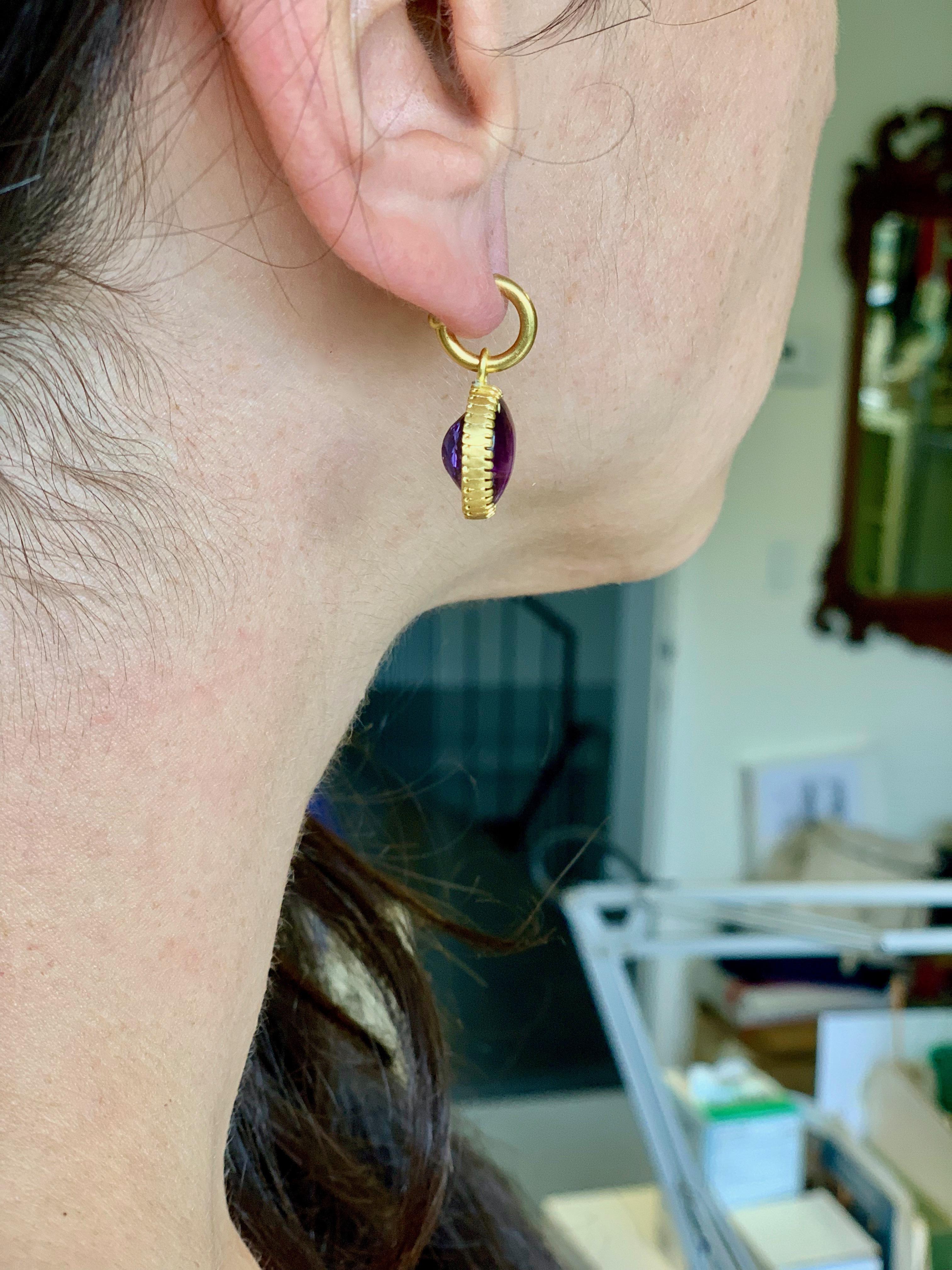 Oval Cut Amethyst Buff Top Earrings in 22 Karat Yellow Gold