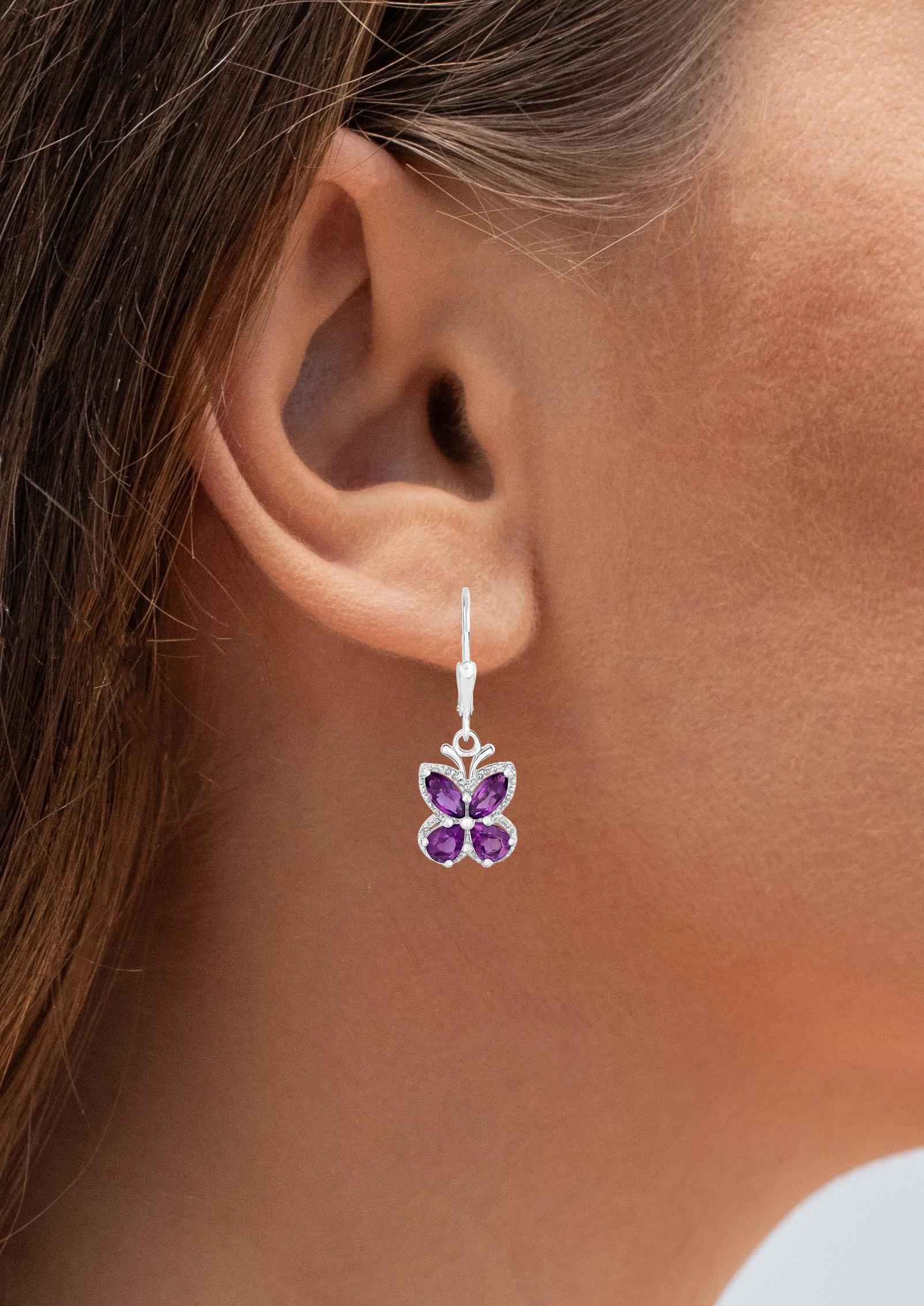 Contemporary Amethyst Butterfly Earrings 2.12 Carats Rhodium Plated Sterling Silver For Sale