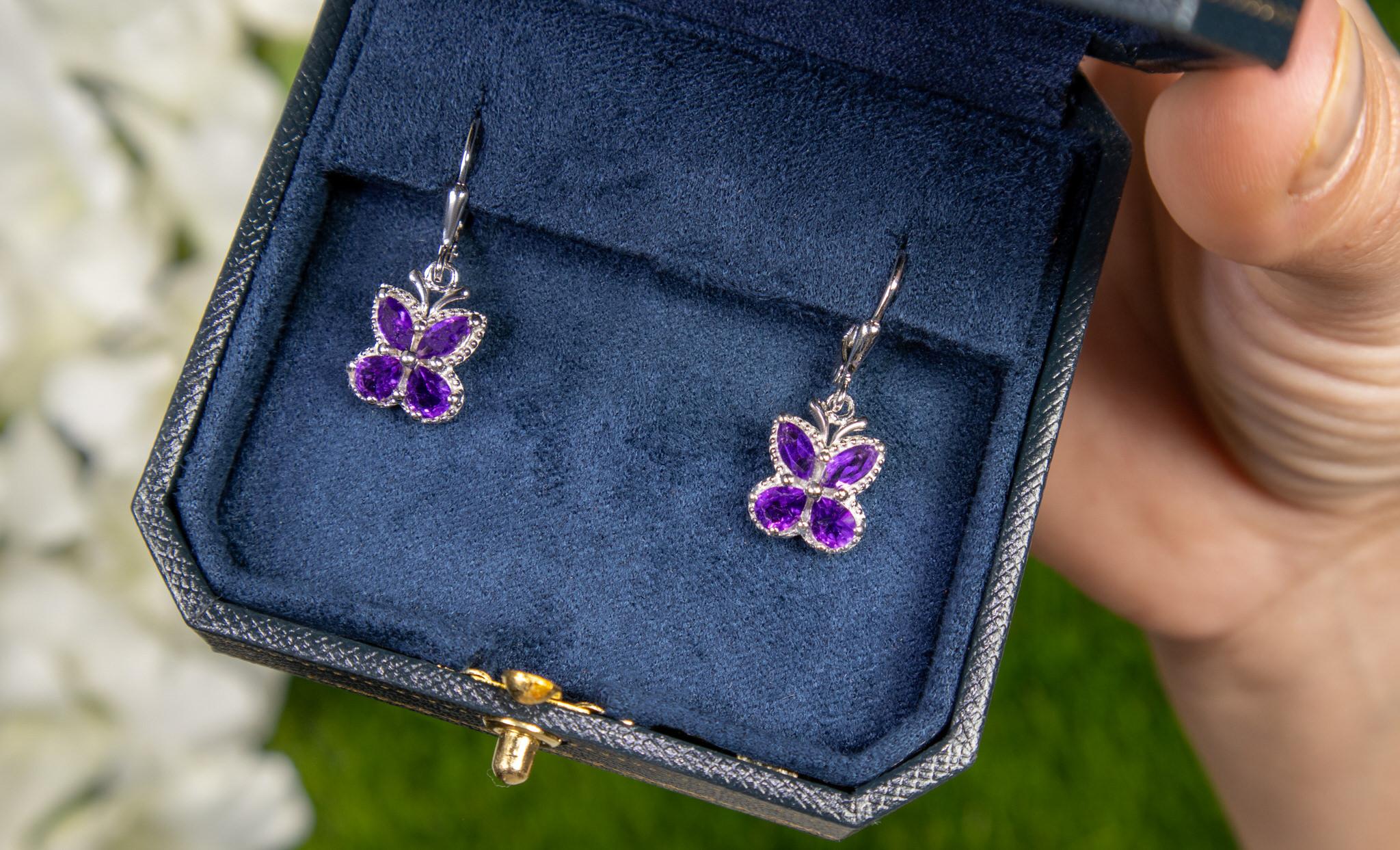 Contemporary Amethyst Butterfly Earrings 2.12 Carats Rhodium Plated Sterling Silver For Sale