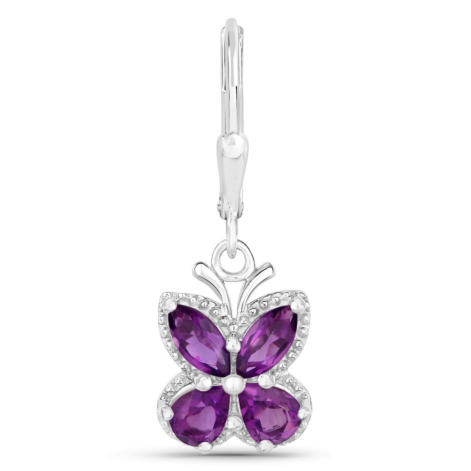 Mixed Cut Amethyst Butterfly Earrings 2.12 Carats Rhodium Plated Sterling Silver For Sale