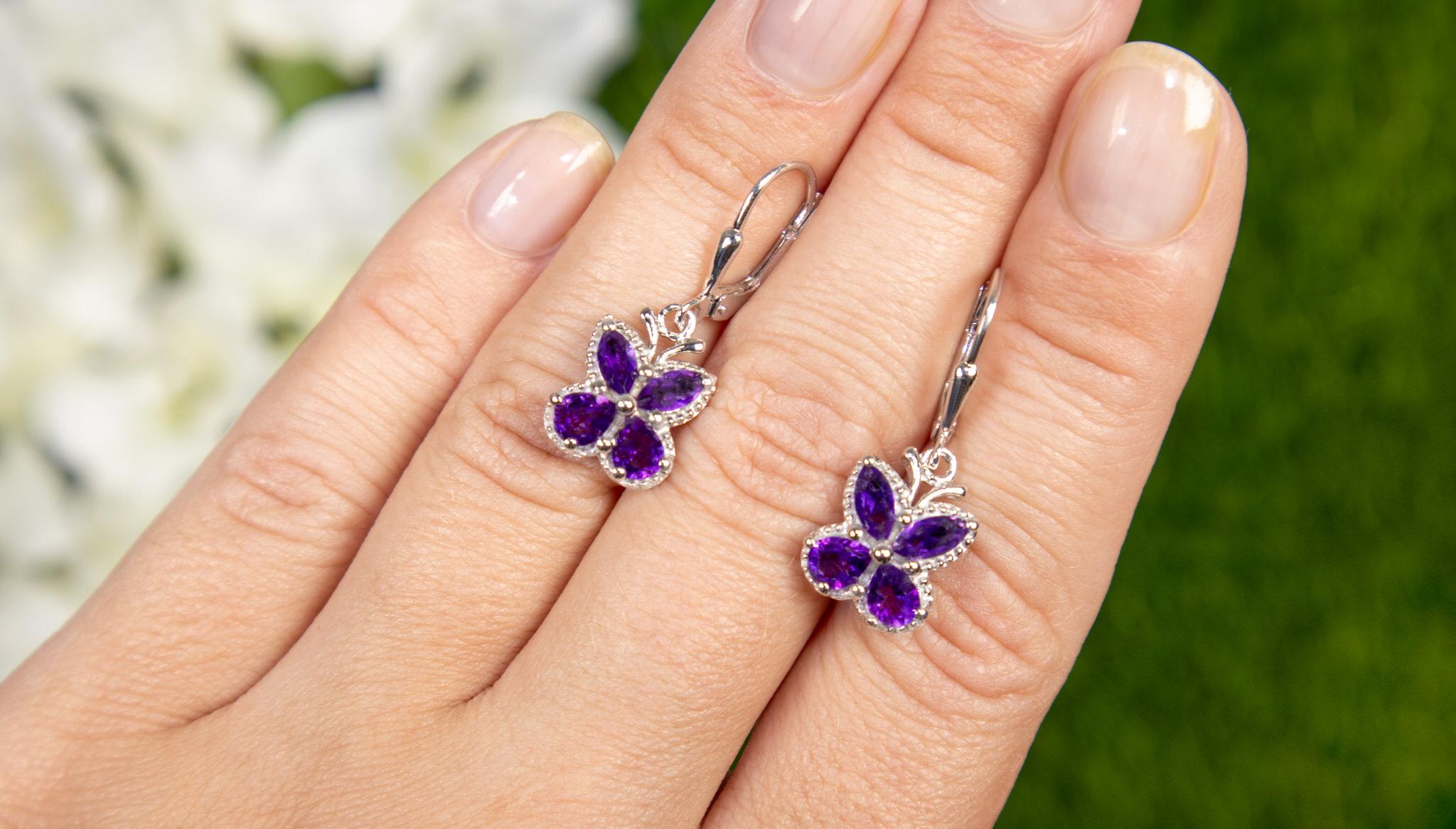 Mixed Cut Amethyst Butterfly Earrings 2.12 Carats Rhodium Plated Sterling Silver For Sale