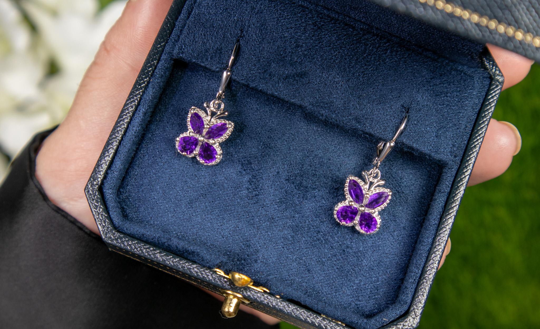 Amethyst Butterfly Earrings 2.12 Carats Rhodium Plated Sterling Silver In Excellent Condition For Sale In Aliso Viejo, CA