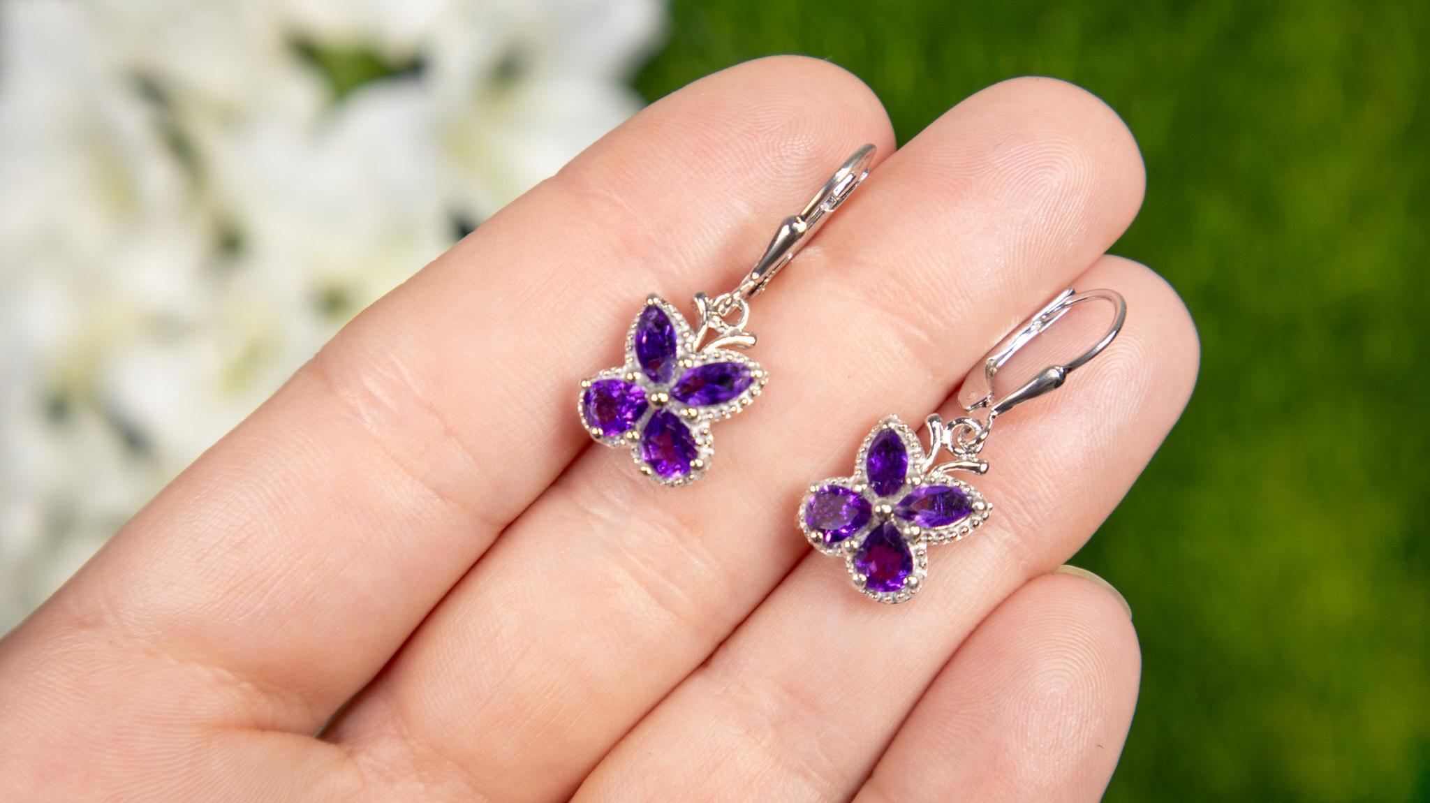 Women's Amethyst Butterfly Earrings 2.12 Carats Rhodium Plated Sterling Silver For Sale