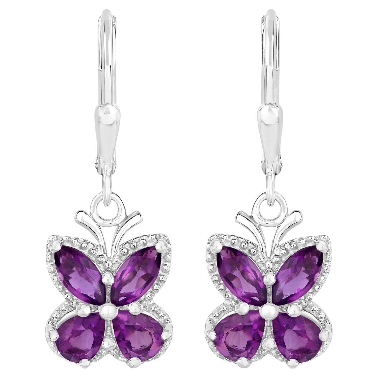 Amethyst Butterfly Earrings 2.12 Carats Rhodium Plated Sterling Silver For Sale