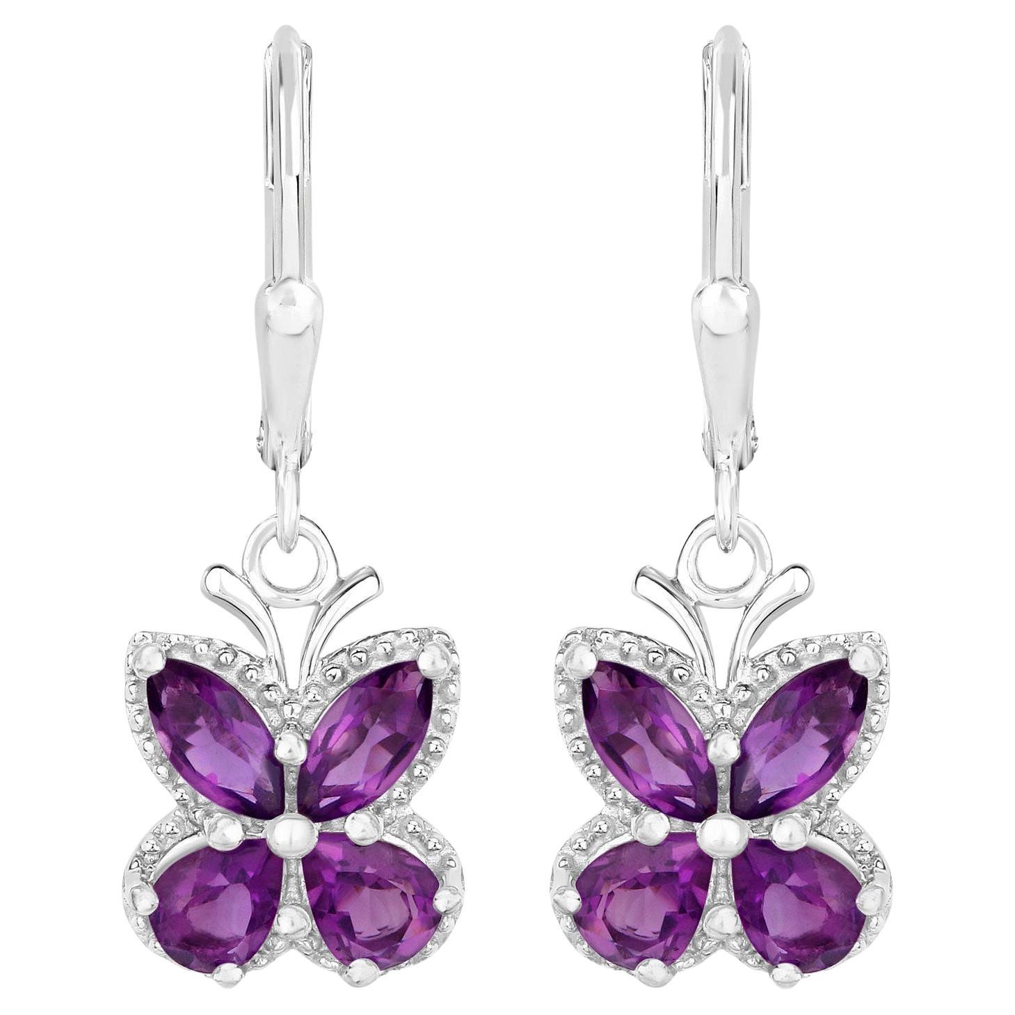Amethyst Butterfly Earrings 2.12 Carats Rhodium Plated Sterling Silver For Sale