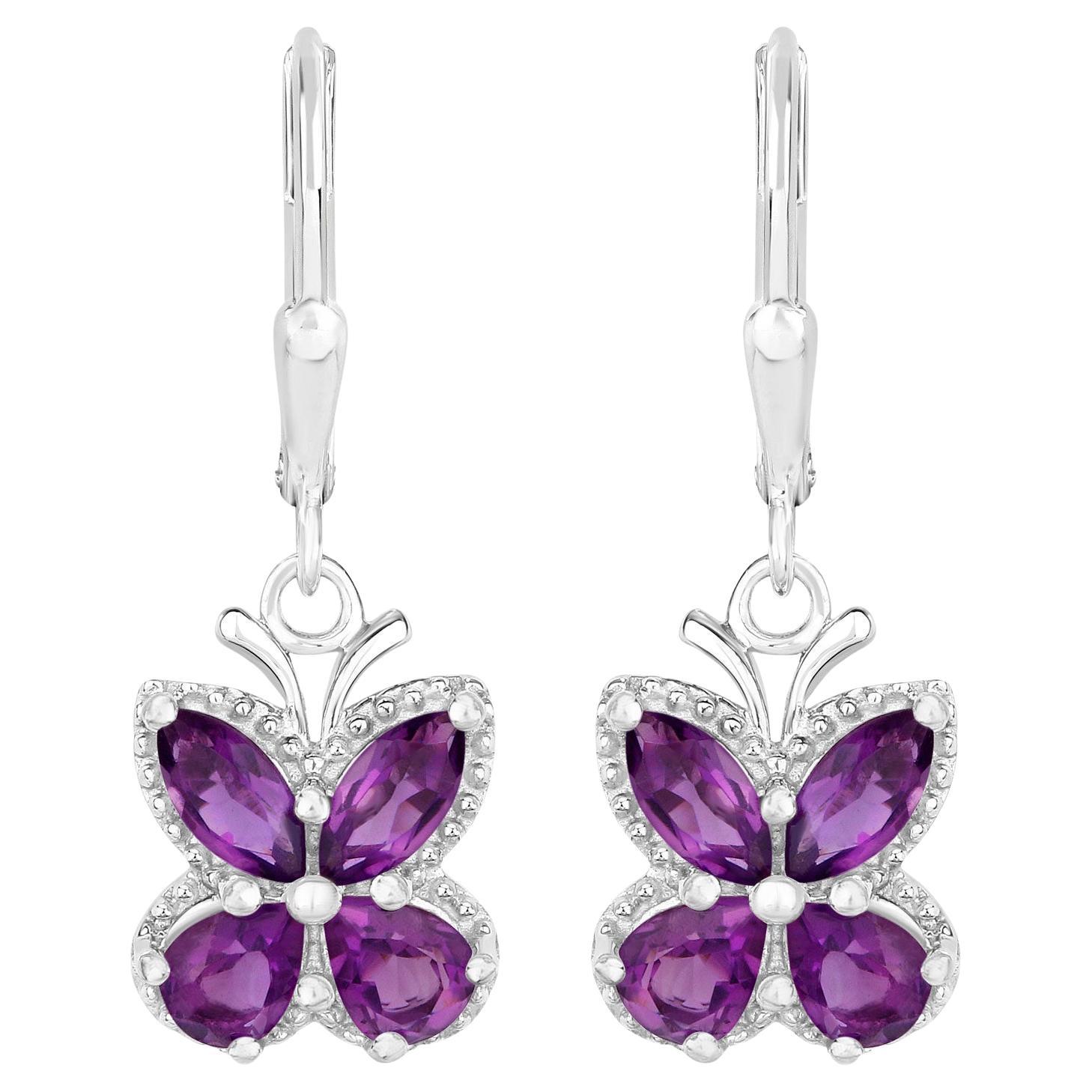 Amethyst Butterfly Earrings 2.12 Carats Rhodium Plated Sterling Silver For Sale
