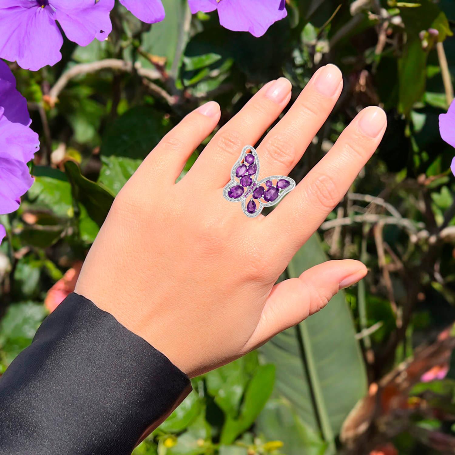 Mixed Cut Amethyst Butterfly Ring 4.3 Carats Sterling Silver For Sale