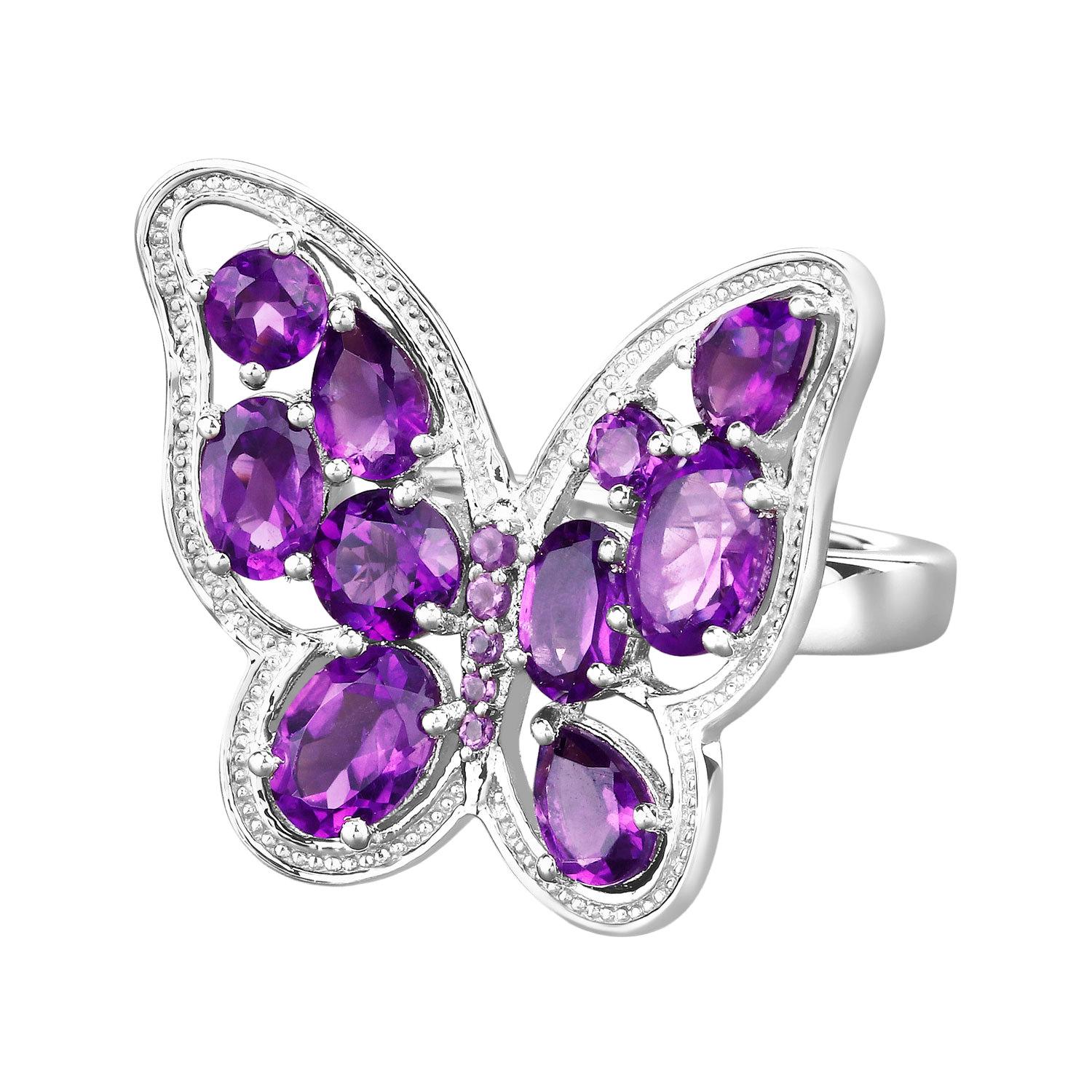 Women's or Men's Amethyst Butterfly Ring 4.3 Carats Sterling Silver For Sale