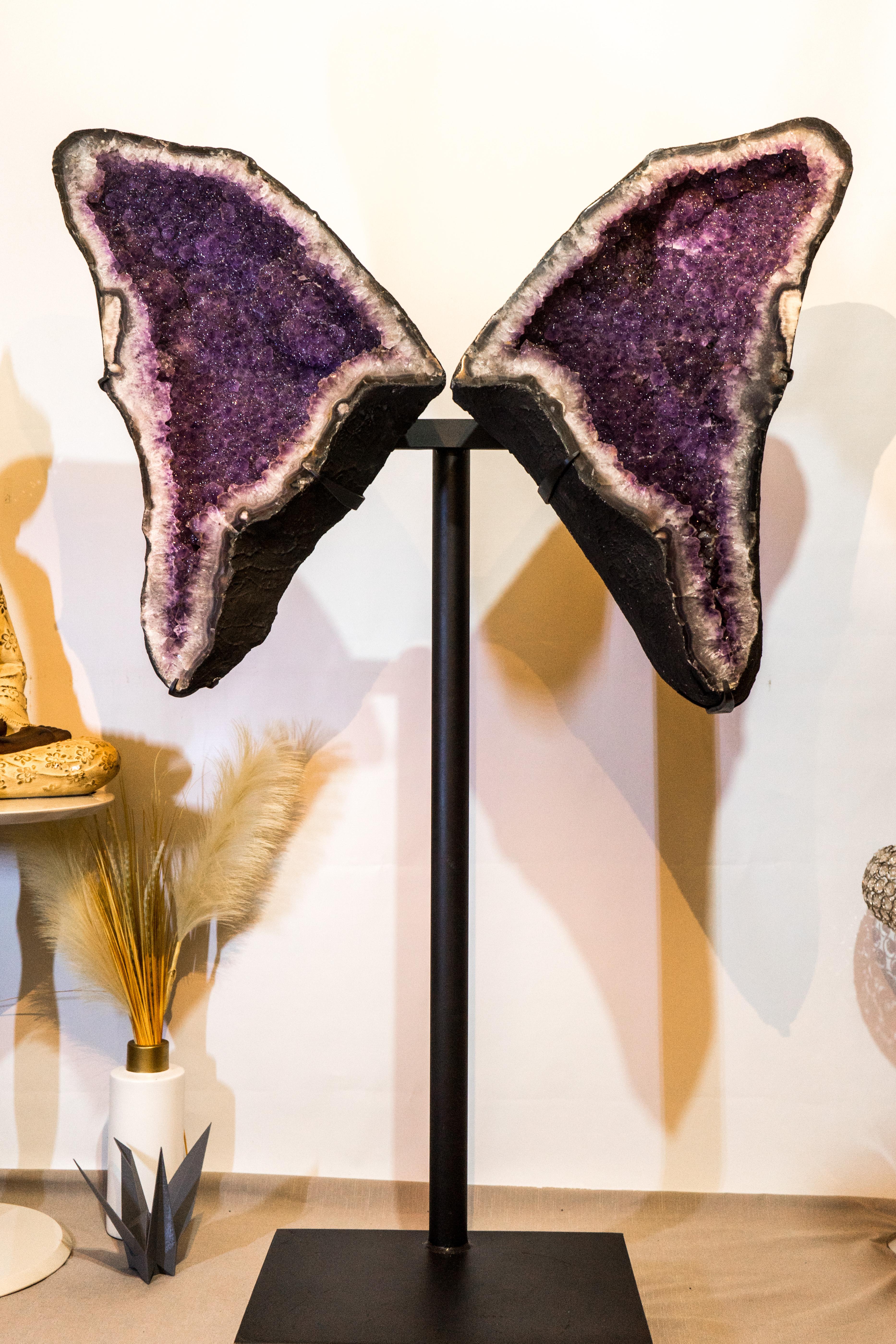 Gallery Grade Purple Lavender Sugar Druzy Amethyst Geodes, Astonishingly Cut as Butterfly Angel Wings.

A pair of Amethyst Galaxy Druzy Geodes (also known as Sugar Coat Amethyst) that is unlike anything you've ever seen. This exquisite butterfly