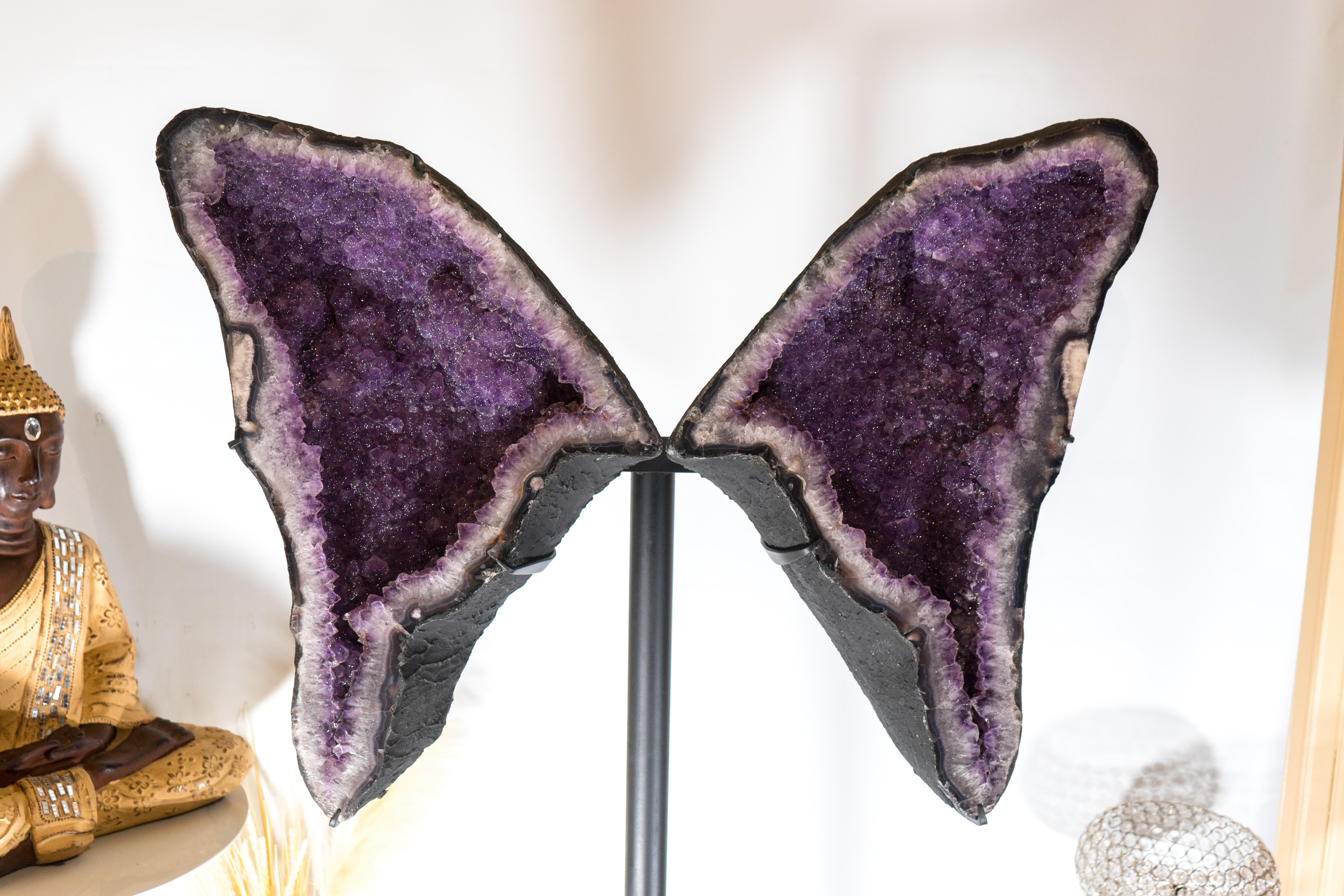 Amethyst Butterfly Wings Geode with Rare Natural Shiny Sugar Druzy Amethyst In Excellent Condition For Sale In Ametista Do Sul, BR