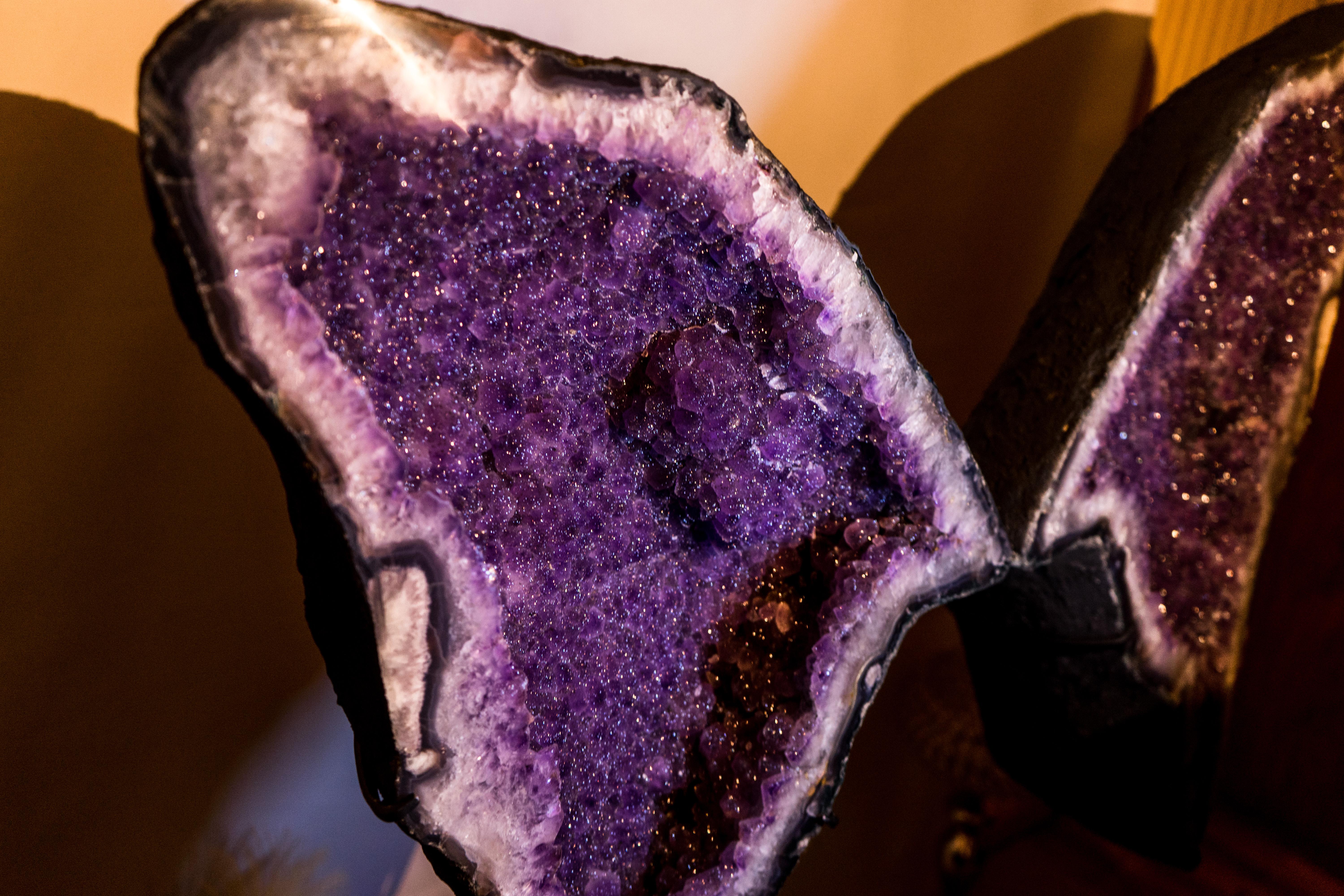 Contemporary Amethyst Butterfly Wings Geode with Rare Natural Shiny Sugar Druzy Amethyst For Sale