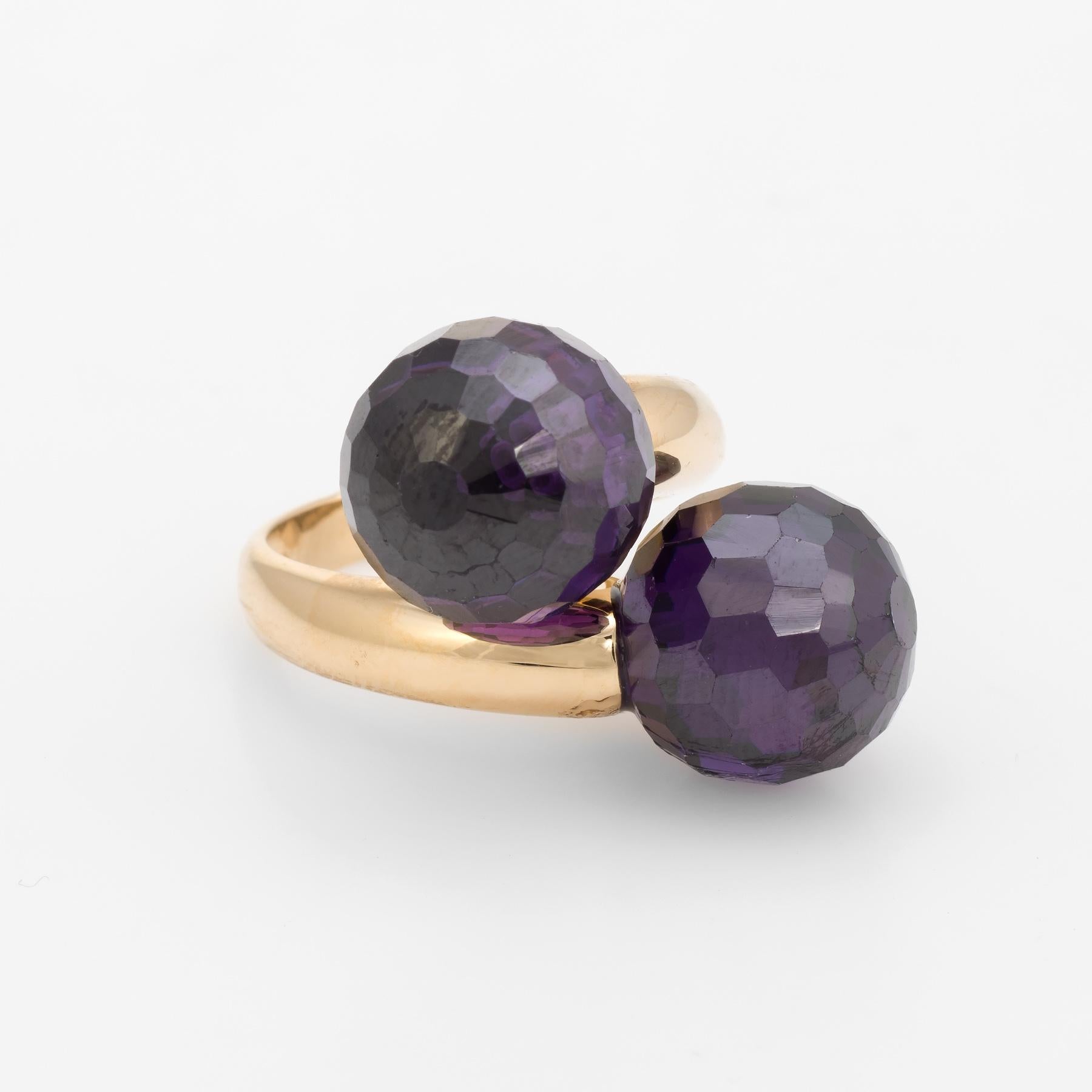 Modern Amethyst Bypass Ring Double Orb Moi et Toi 18k Yellow Gold Vintage Jewelry For Sale