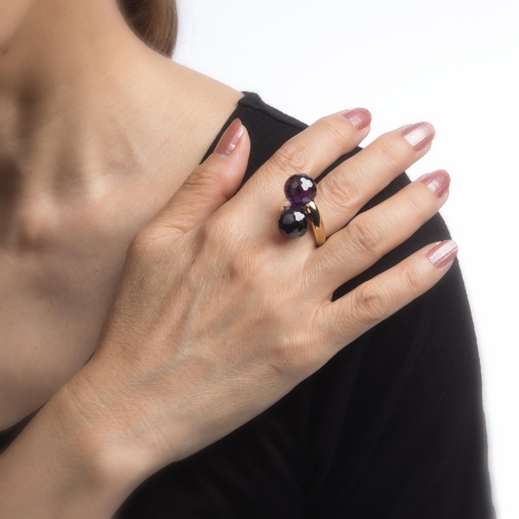 Round Cut Amethyst Bypass Ring Double Orb Moi et Toi 18k Yellow Gold Vintage Jewelry For Sale
