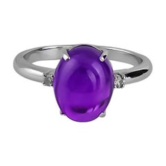 Amethyst Cabochon and Diamonds 14k gold Ring