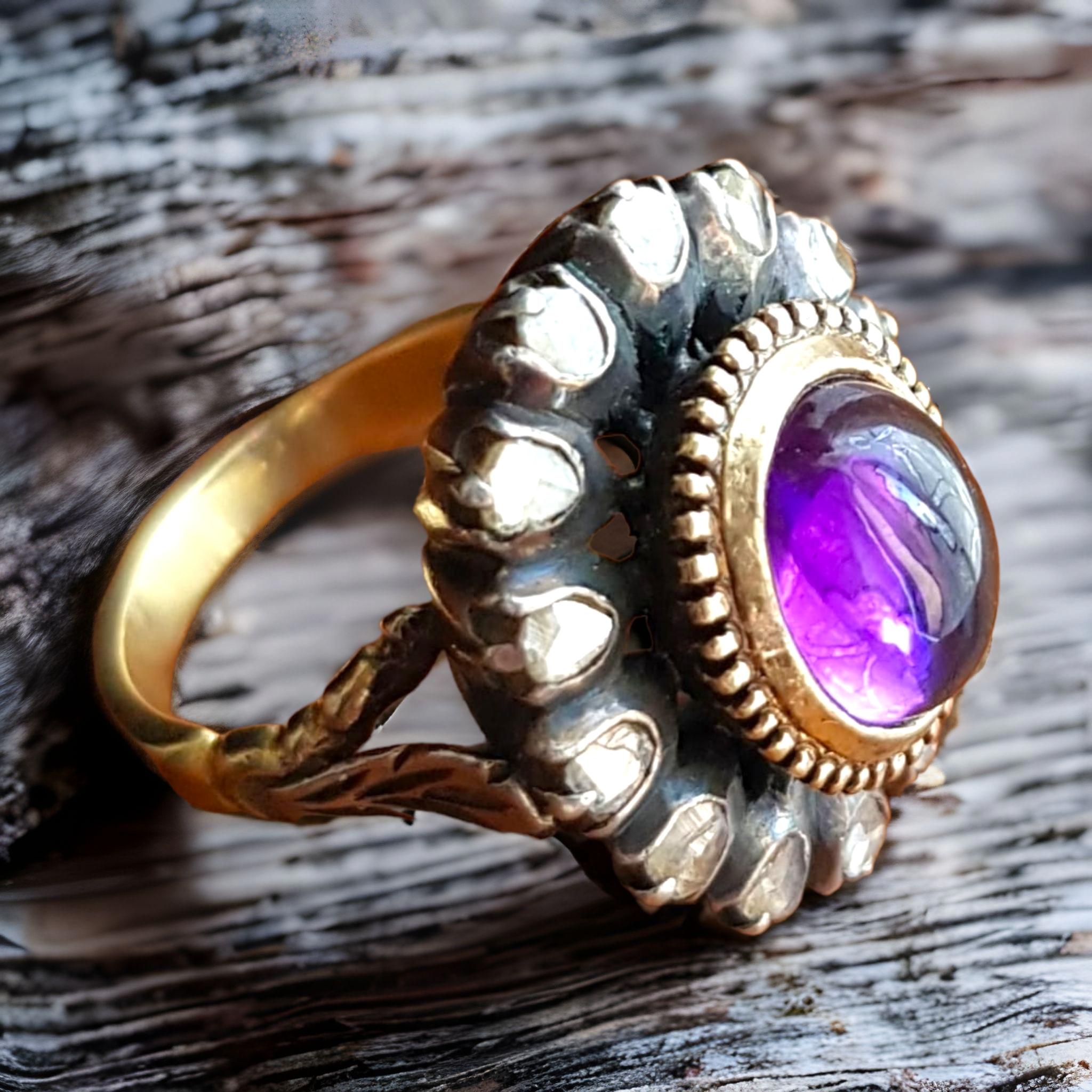 Women's Amethyst Cabochon and Rose Cut Diamond Ring For Sale