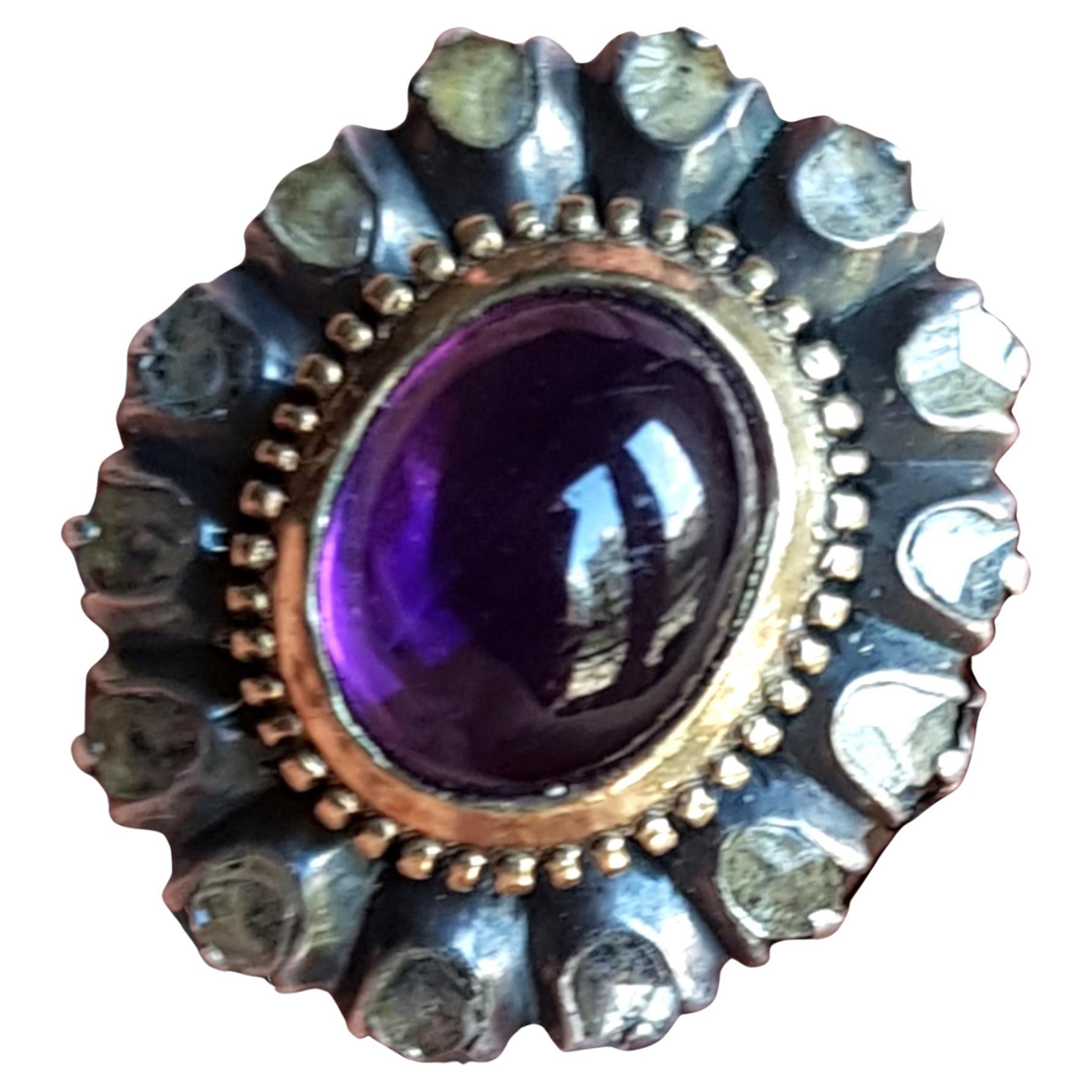 Amethyst Cabochon and Rose Cut Diamond Ring For Sale