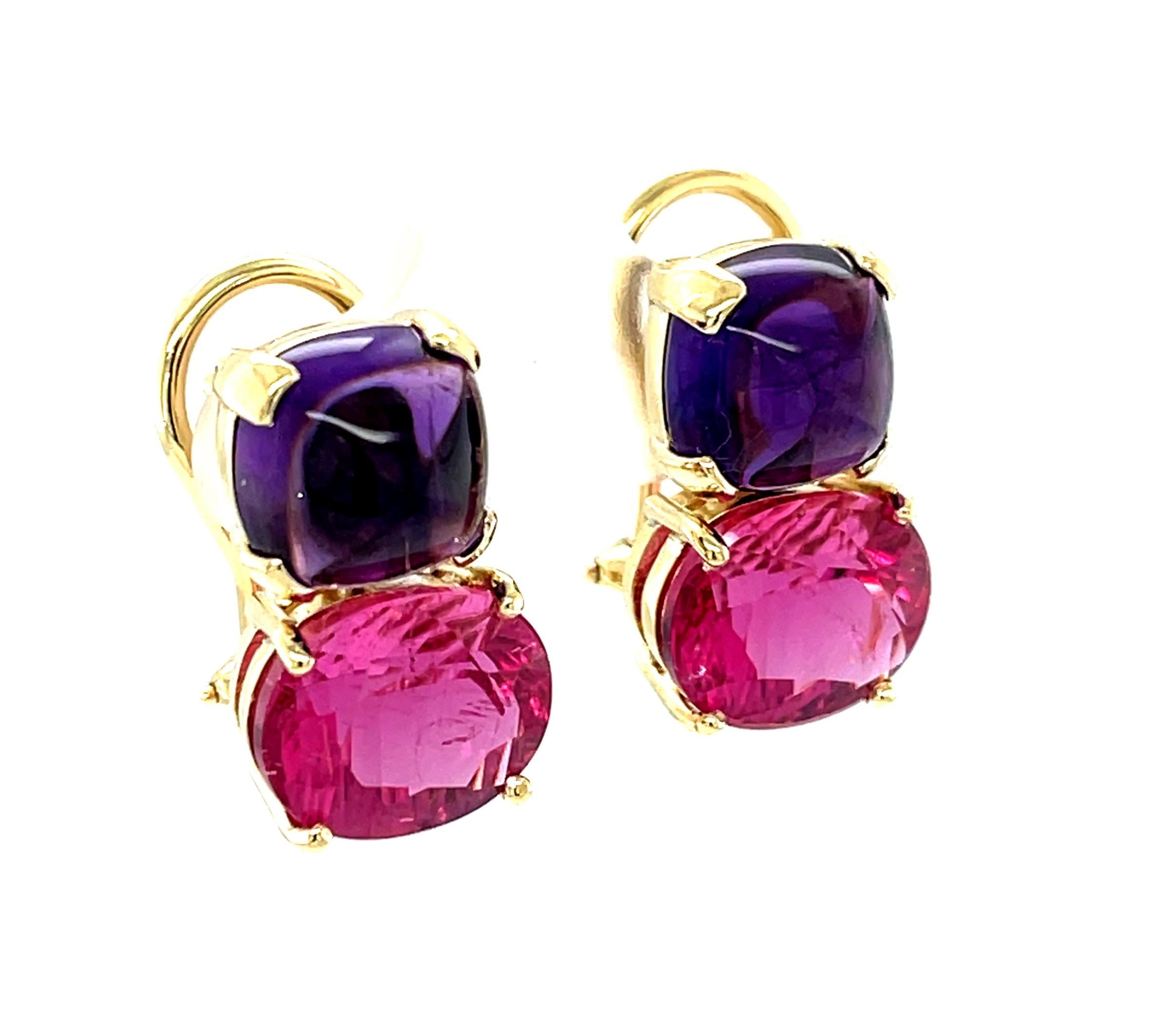 Artisan Amethyst Cabochon and Rubellite Tourmaline Earrings in 18k Yellow Gold For Sale