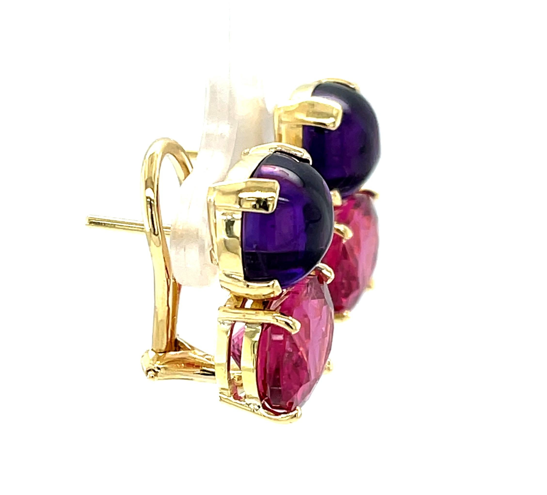Amethyst Cabochon and Rubellite Tourmaline Earrings in 18k Yellow Gold In New Condition For Sale In Los Angeles, CA