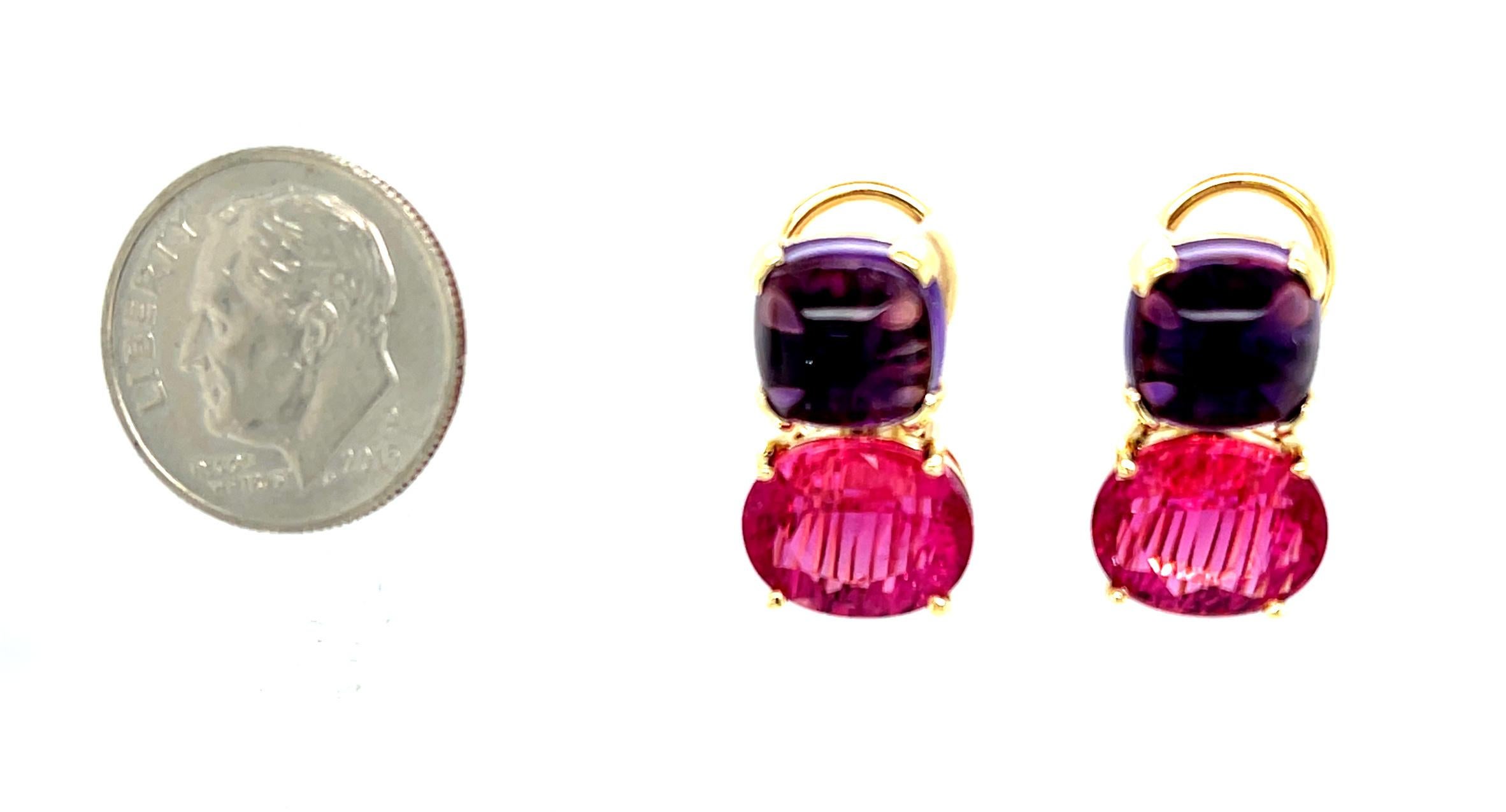 Amethyst Cabochon and Rubellite Tourmaline Earrings in 18k Yellow Gold For Sale 1