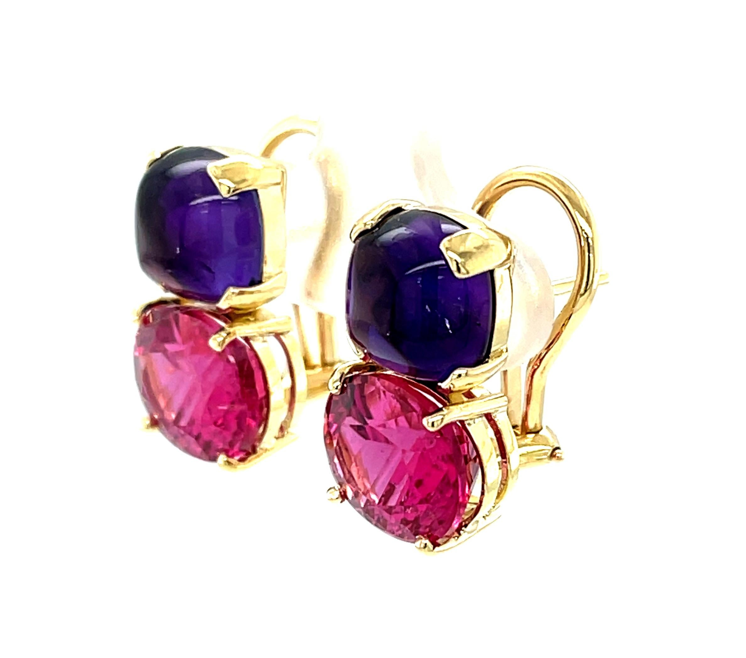 Amethyst Cabochon and Rubellite Tourmaline Earrings in 18k Yellow Gold For Sale 2